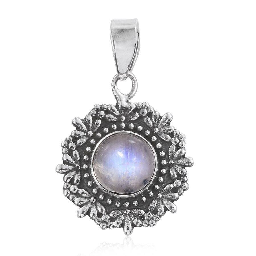 Round Shape Christmas Gift ! 925-Sterling Silver Solid Pendant With Natural  Rainbow Moonstone Top Quality Gemstone  Boho Pendant Handmade