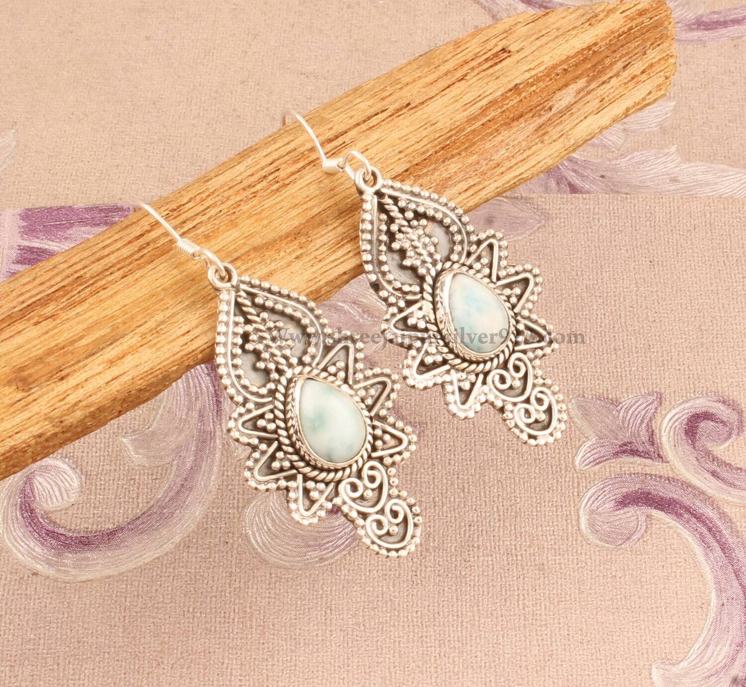 Natural Larimar Solid 925 Sterling Silver Earrings For Women, Handmade Engraved Indian Design Earrings For Wedding Anniversary Gift For Her