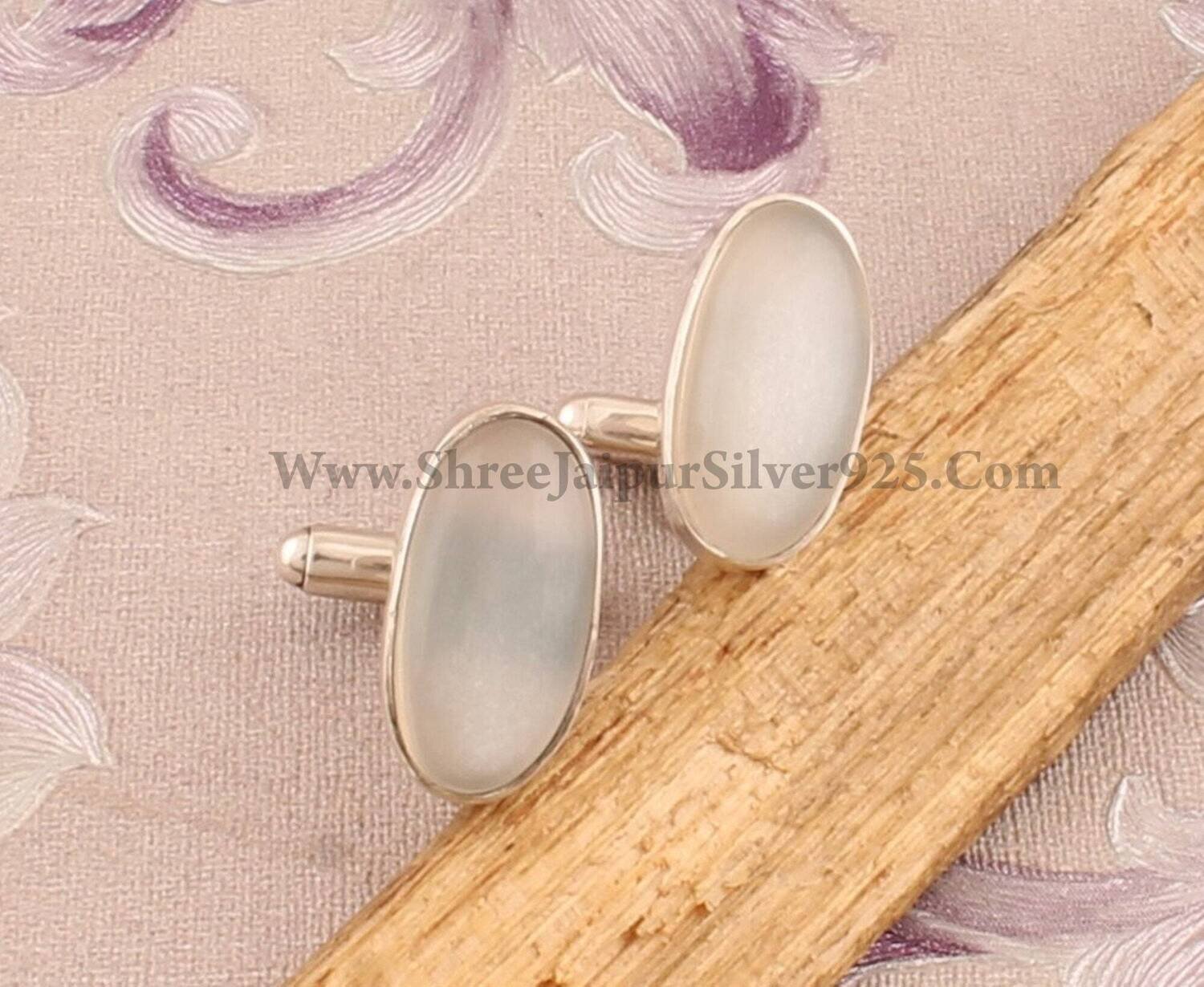 Men's Jewelry Natural White Moonstone Silver Cufflink, 925 Sterling Silver Cufflink, Oval Gemstone Cufflink, Handmade Cufflink, Gift For Him