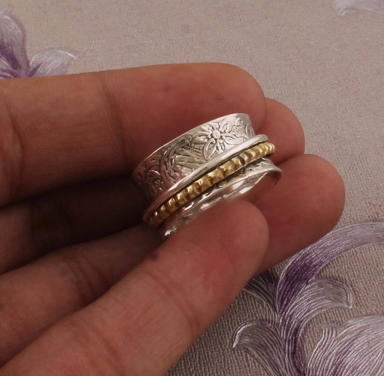 Two Tone Ring 925-Sterling Silver Ring,Spinner Ring,Antique Silver Ring,Brass With Silver Spinner Ring Thumb Ring Gift For HerCyber2021