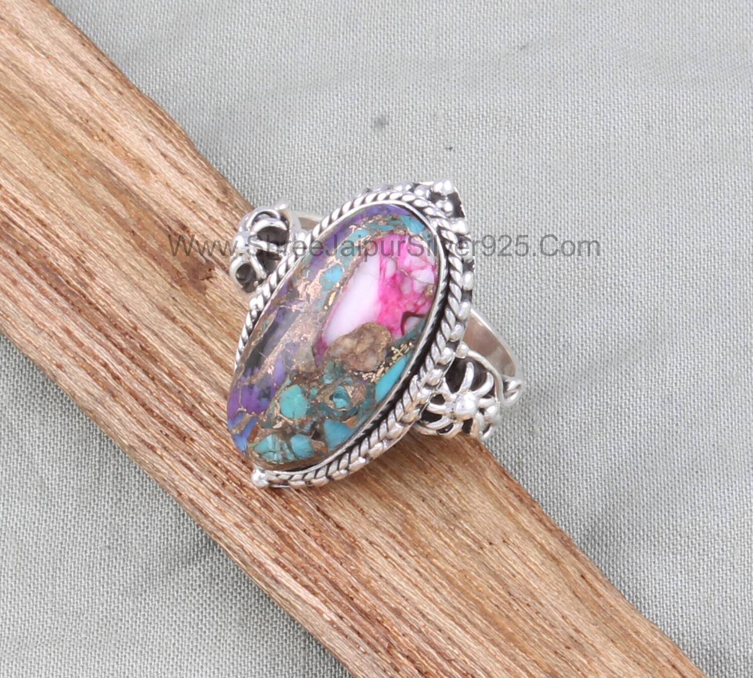 Mix Copper Solid 925 Sterling Silver Ring For Women, Flower Design Silver Ring Handmade Oval Gemstone Ring For Wedding Anniversary Gift Idea