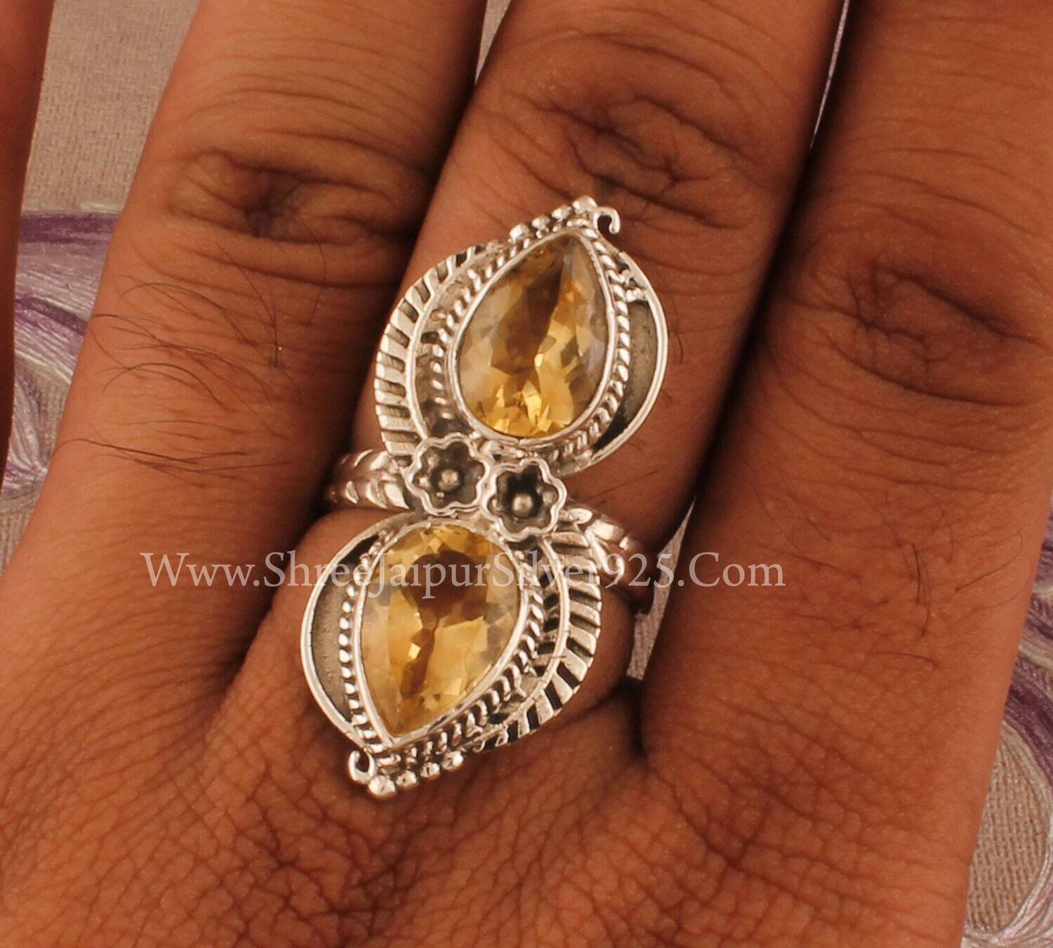 Natural Citrine Pear Solid 925 Sterling Silver Ring For Women, Handmade Engraved Flower Leaves Band Ring For Wedding Anniversary Gift Idea
