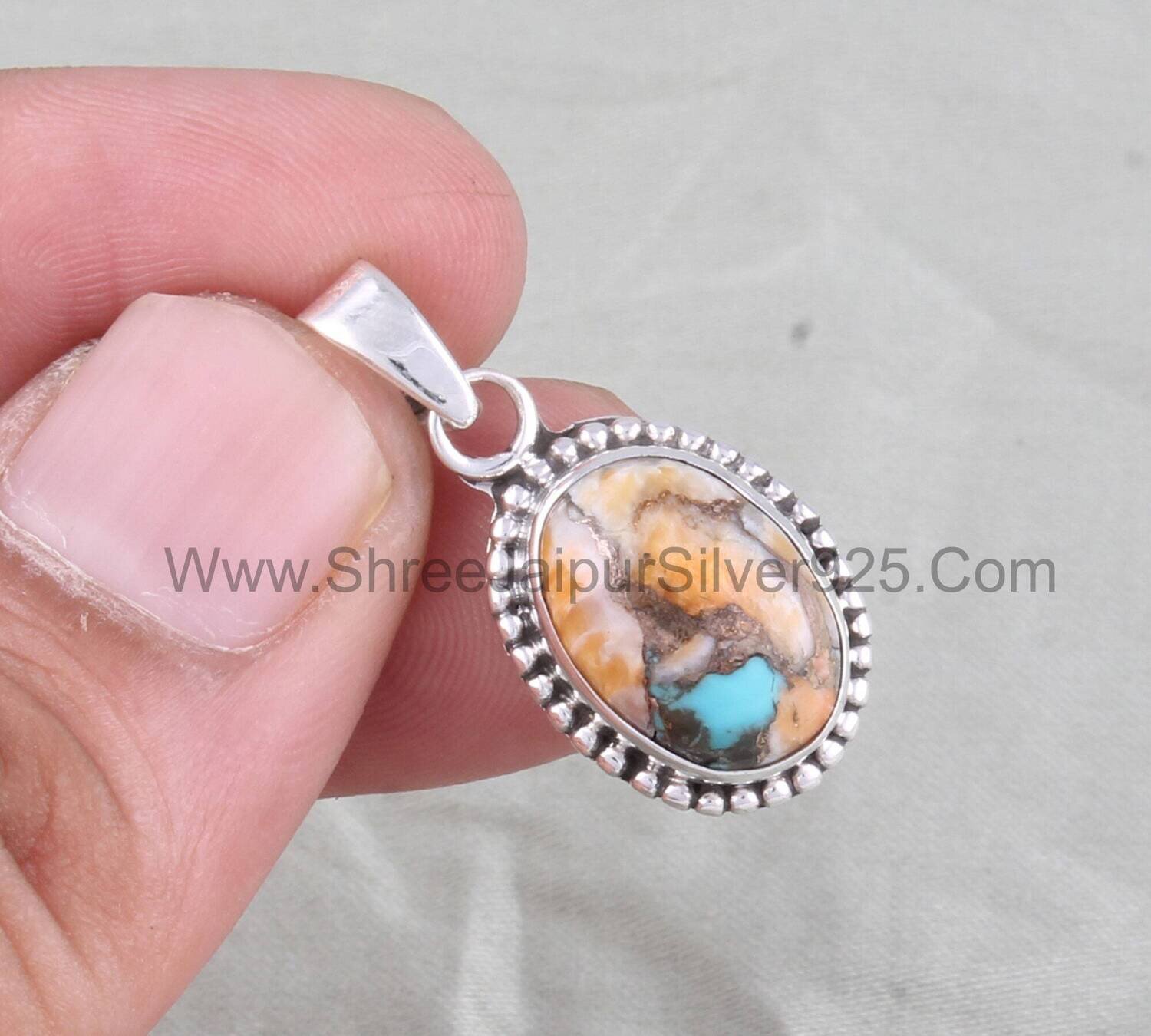 Designer Oyster Copper Turquoise Solid 925 Sterling Silver Necklace Pendant For Women, Handmade Oval Pendant For Wedding Anniversary Gift