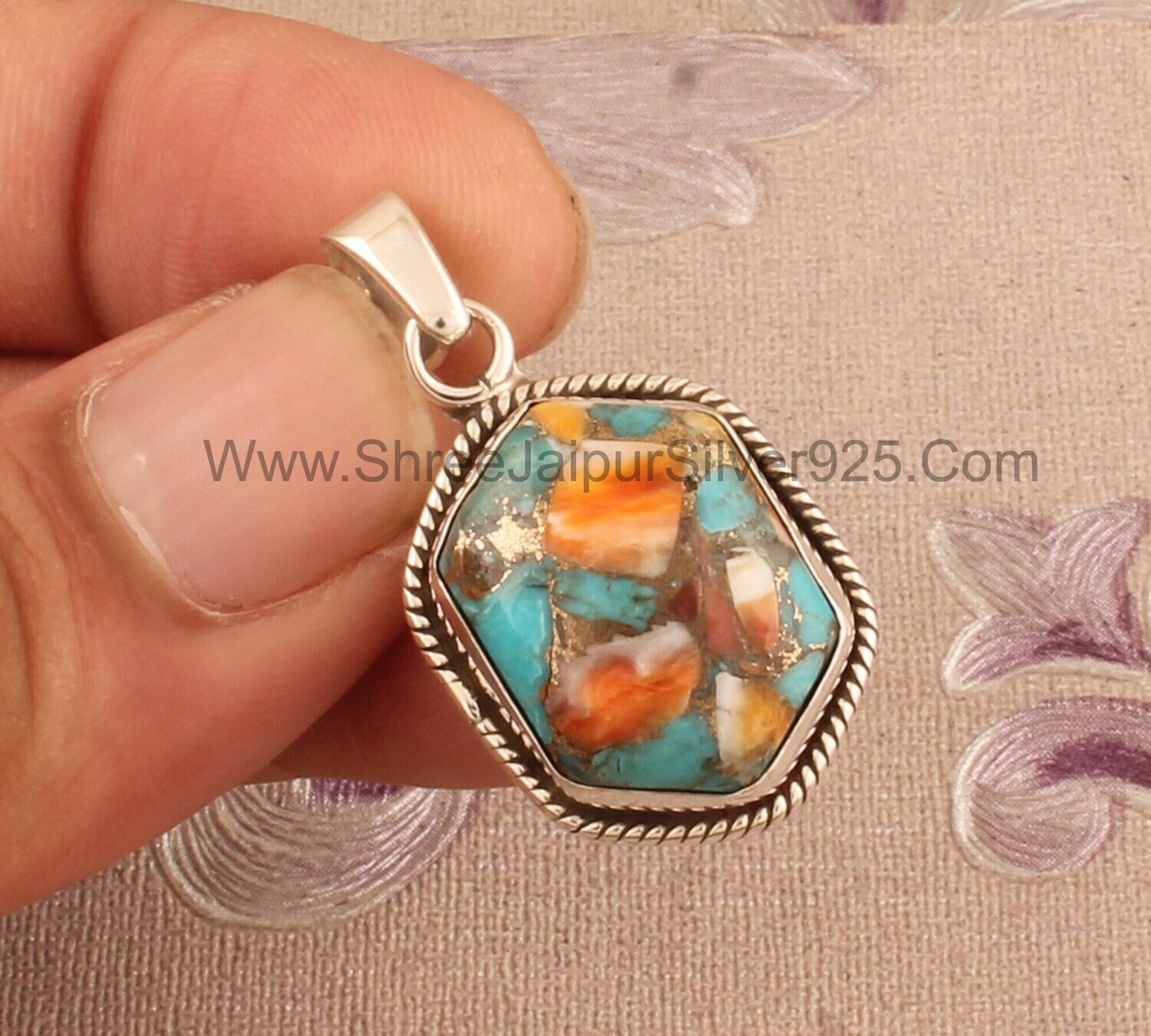 Hexagon Shape Oyster Copper Turquoise Solid 925 Sterling Silver Necklace Pendant For Women, Handmade Gemstone Pendant For Women Gift Idea