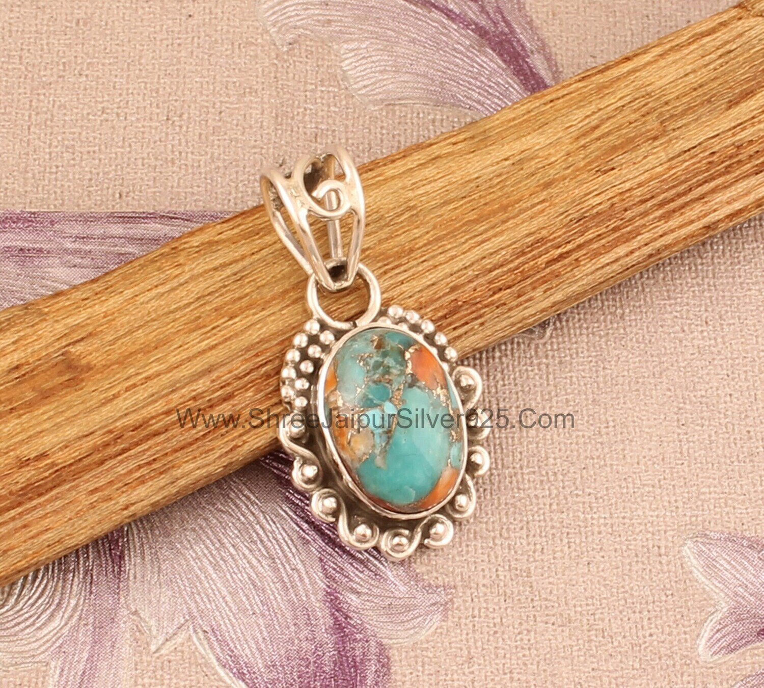 Oyster Copper Turquoise Solid 925 Sterling Silver Necklace Pendant For Women, Handmade Oval Stone Pendant For Wedding Anniversary Gift Idea