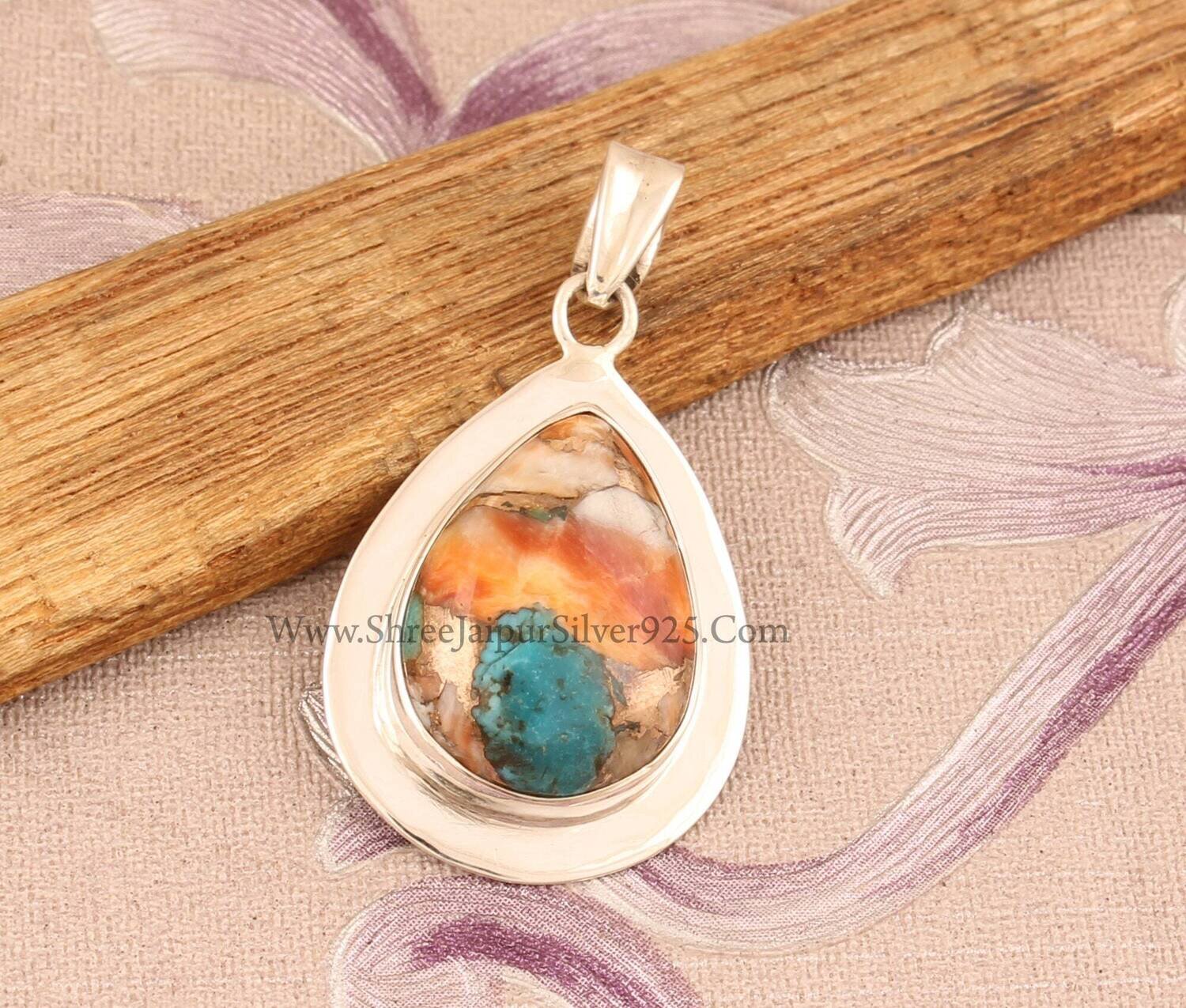 Oyster Copper Turquoise Solid 925 Sterling Silver Necklace Pendant For Women, Handmade Pear Stone Pendant For Wedding Anniversary Gift Idea