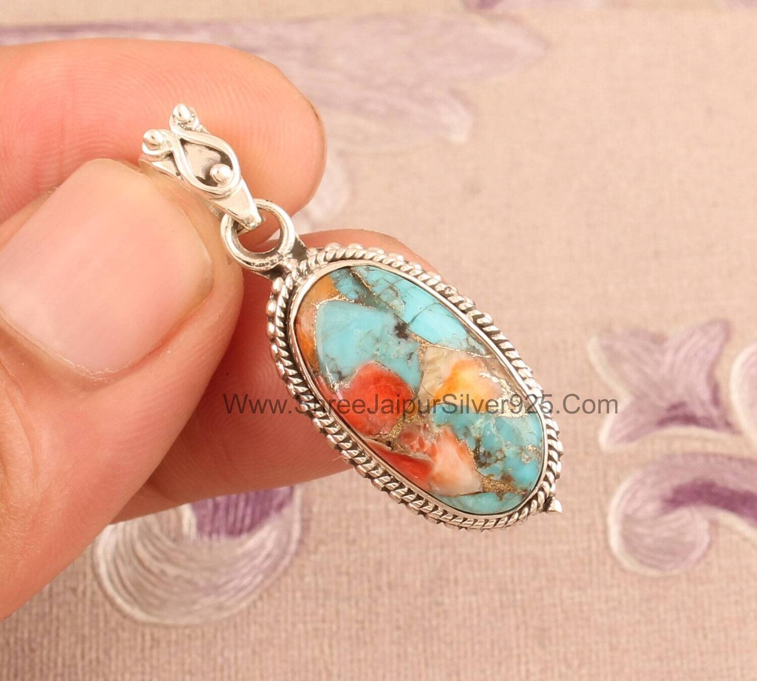 Oyster Copper Turquoise Solid 925 Sterling Silver Necklace Pendant For Women, Handmade Oval Stone Pendant For Wedding Anniversary Gift Idea