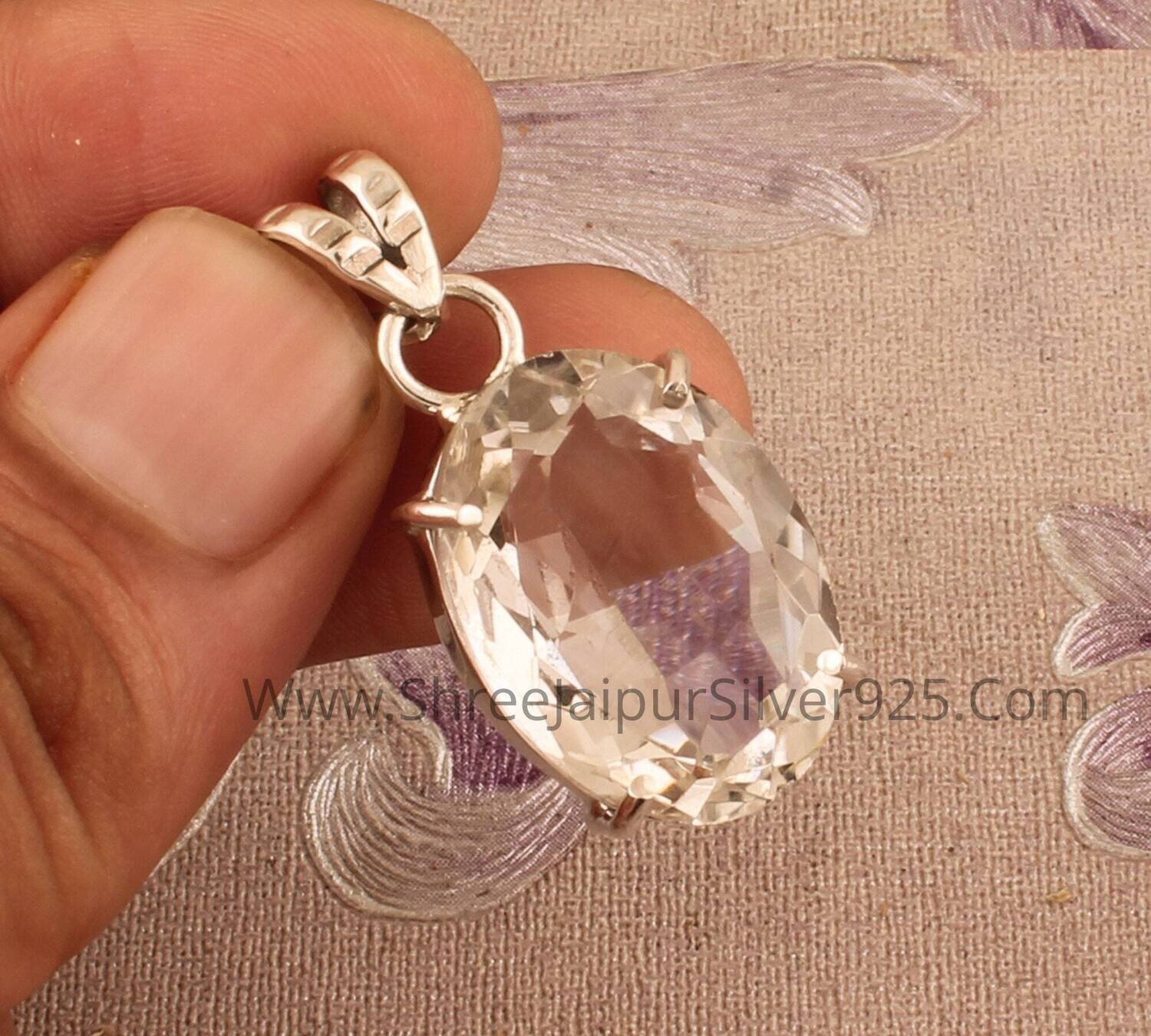 Prong Set Crystal Quartz Solid 925 Sterling Silver Necklace Pendant For Women, Oval Stone Wedding Pendant Solid Silver Jewelry For Her Gift