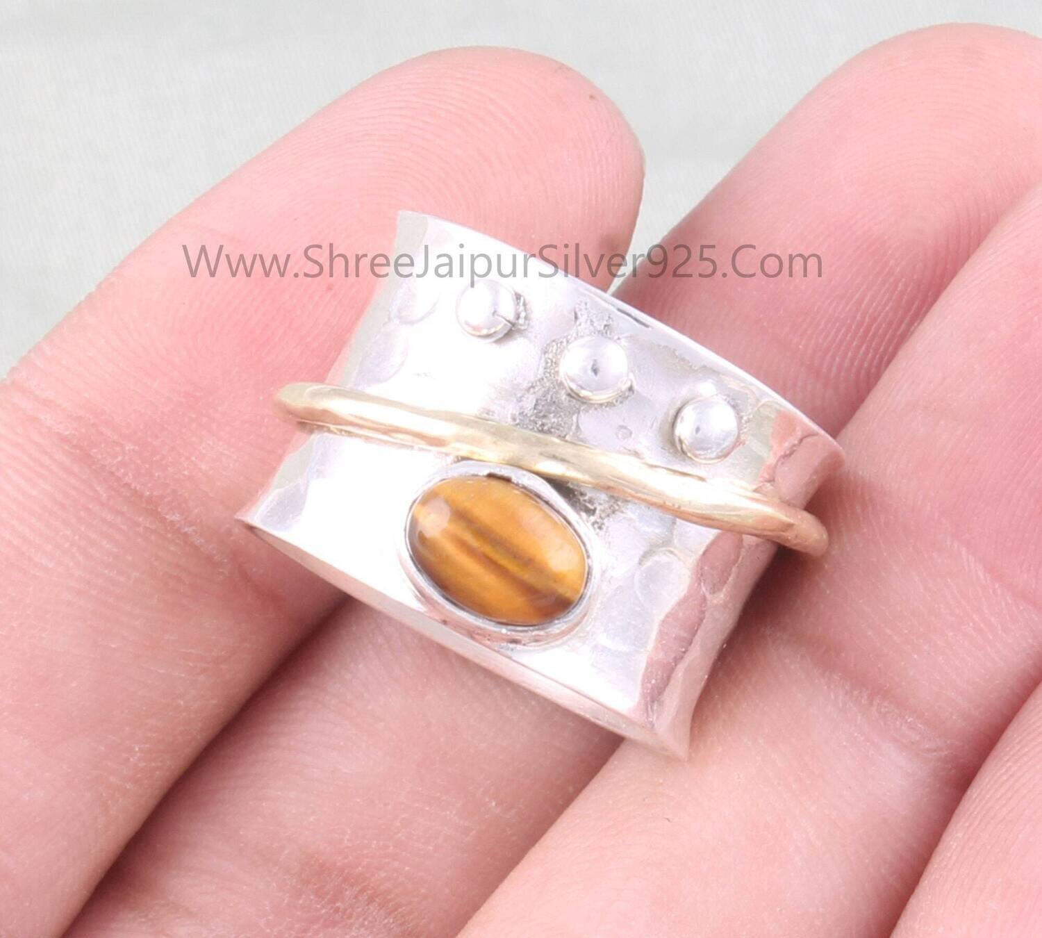 Tiger Eye Oval Solid 925 Sterling Silver Spinner Ring For Women, Handmade Hammered Band Two Tone Anxiety Fidget Ring For Anniversary Gifts