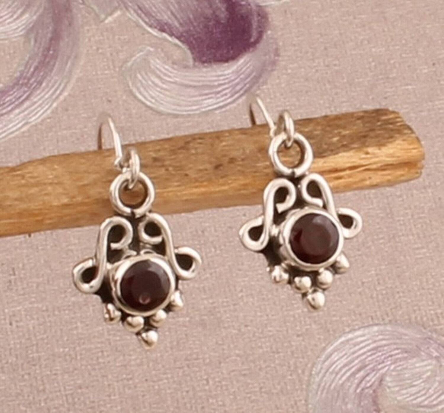 Natural Red Garnet Gemstone Silver Earrings, Designer Dotted Silver Earrings, 925 Sterling Silver Earrings, Handcrafted Earrings, Gift Idea