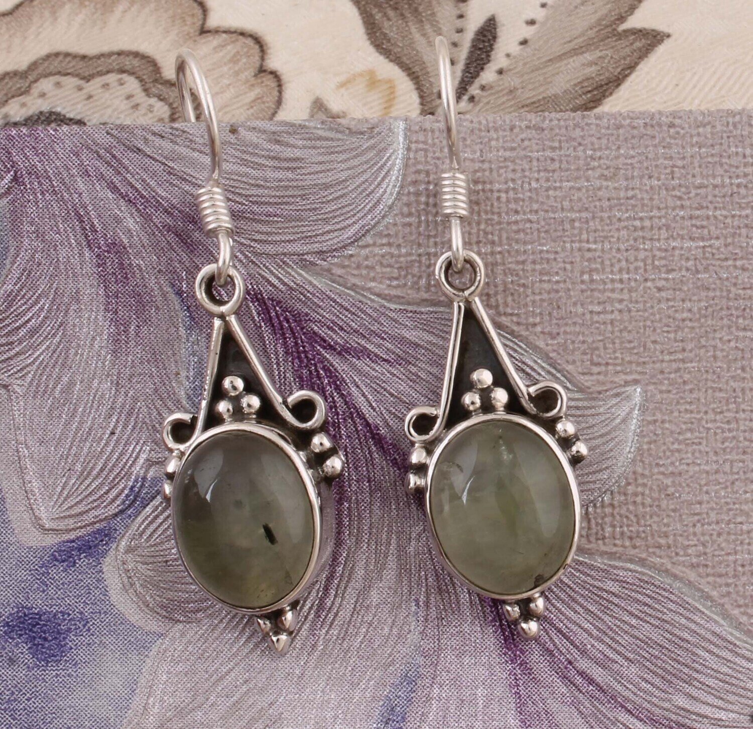 Natural Prehnite Top Quality Gemstone Earring Sterling Solid Silver Earring,Oval Earring,Antique Silver Earring,Wedding Girls Earring