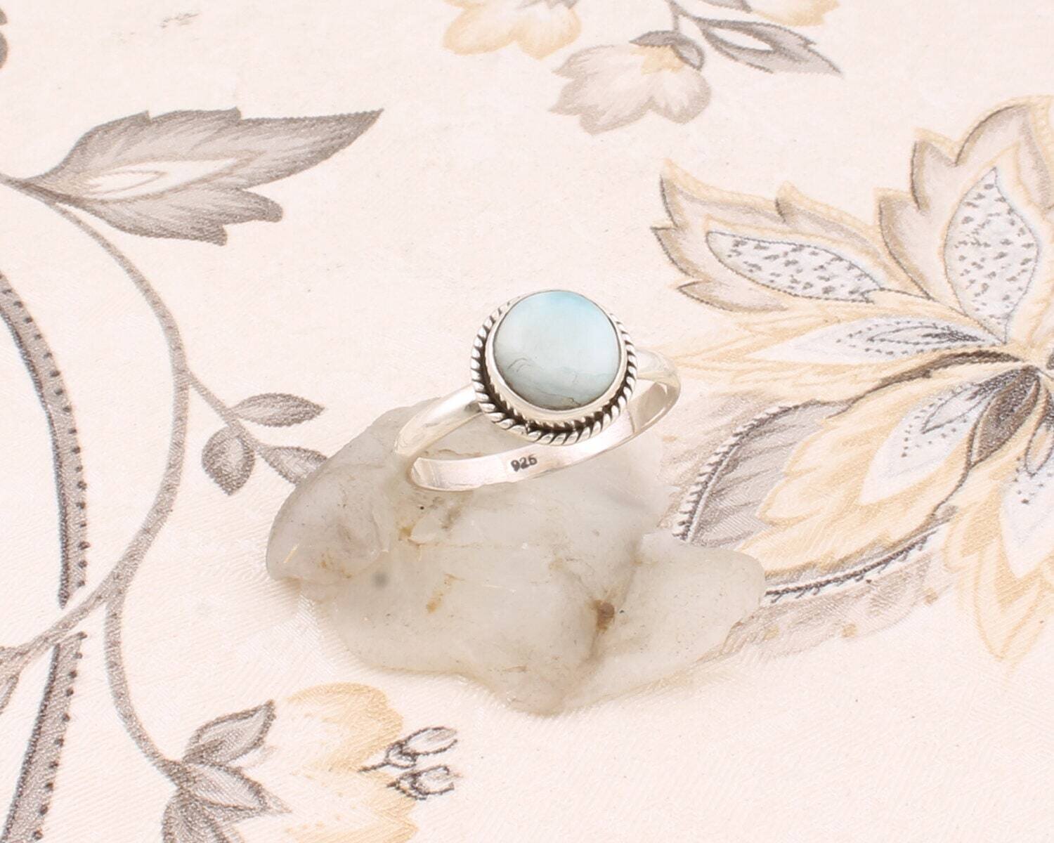 Natural Amazing Larimar Gemstone Cabochon Opaque Stone Boho Ring 925-Sterling Solid Silver Ring Middle Finger Ring (Simple Ring ) L#-281928