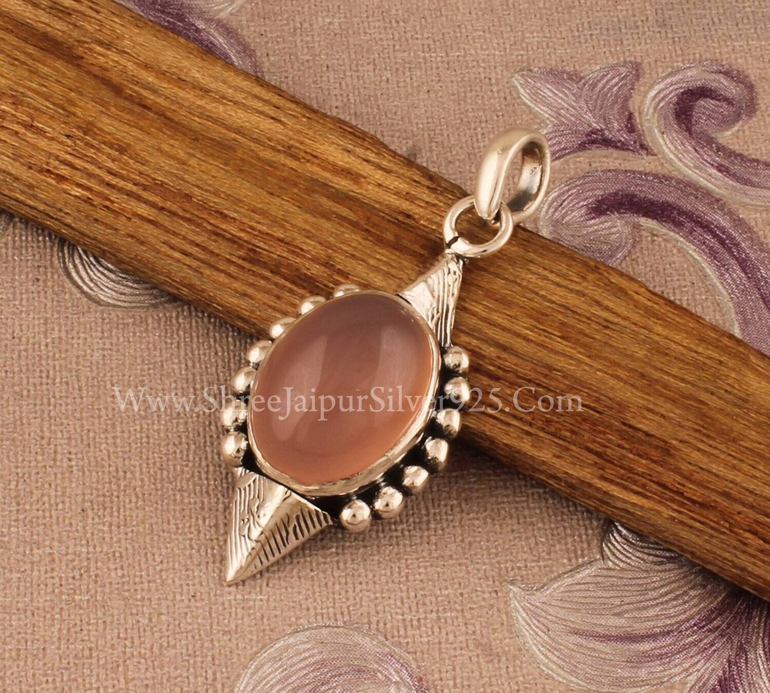 Rose Quartz Oval Solid 925 Sterling Silver Necklace Pendant For Women, Handmade Engraved Silver Pendant For Wedding Anniversary Gift For Her