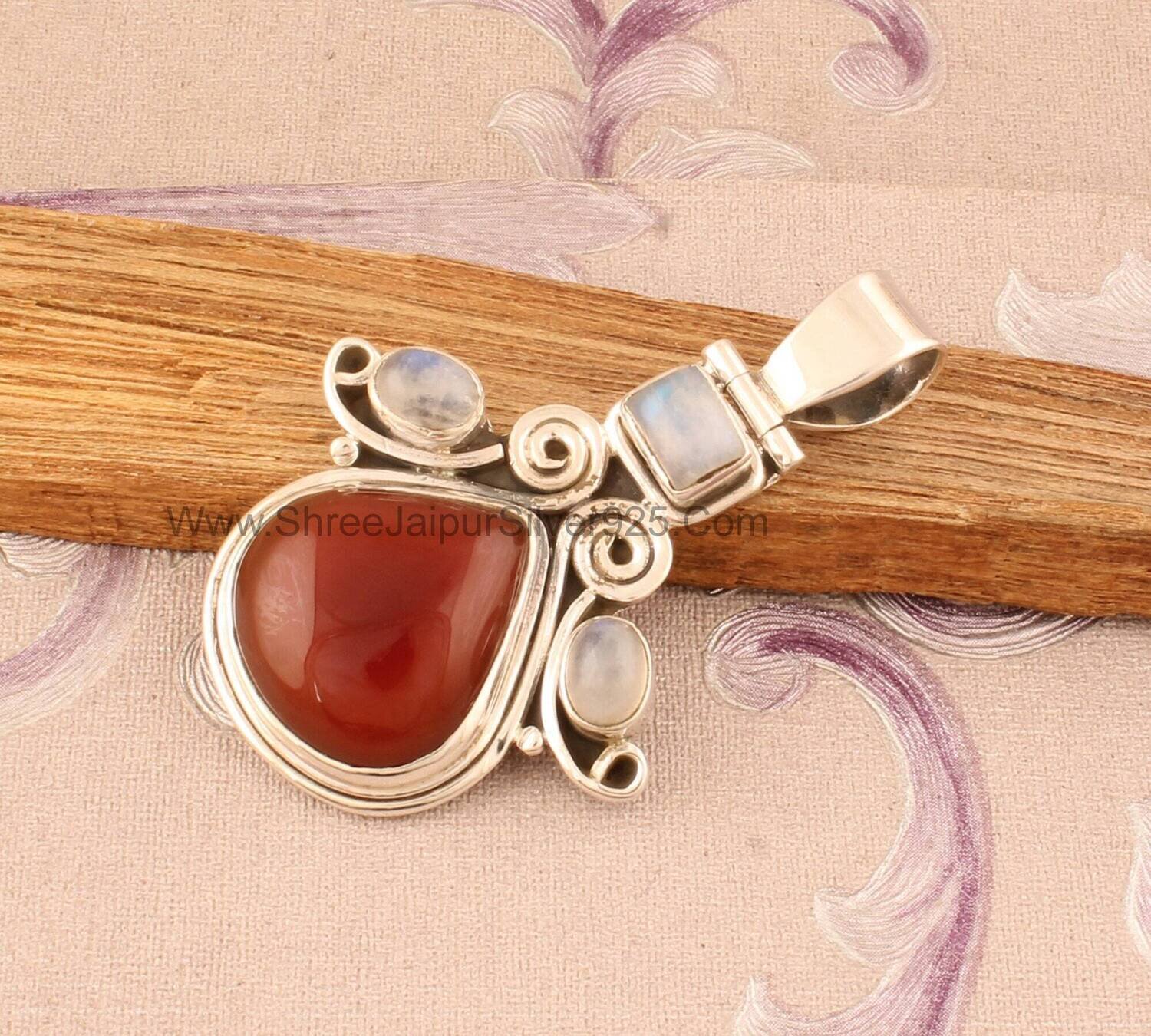 Natural Red Onyx &amp; Rainbow Moonstone Solid 925 Sterling Silver Necklace Pendant For Women Handmade Pendant For Wedding Anniversary Gift Idea