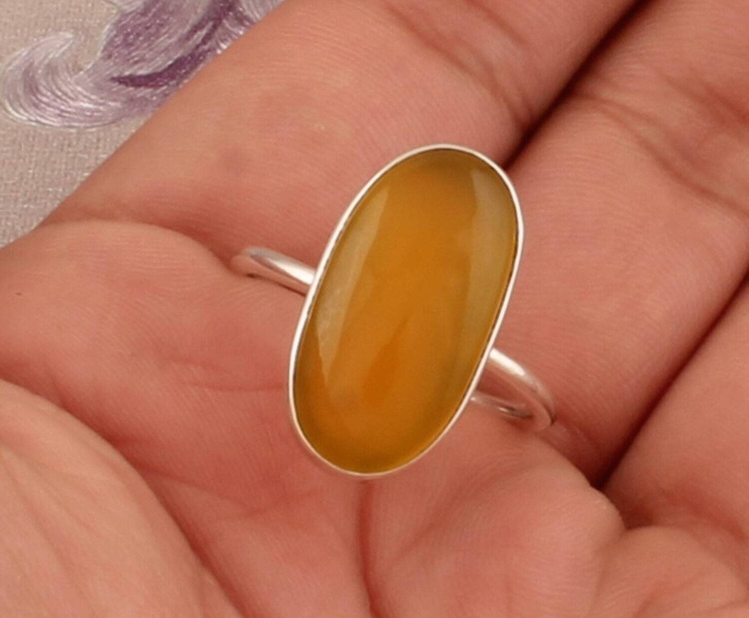 925 Sterling Silver Yellow Jade Oval Gemstone Ring, Handmade Gemstone Everyday Silver Ring, Women Jewelry Gift For Her, Etsy Cyber 2021