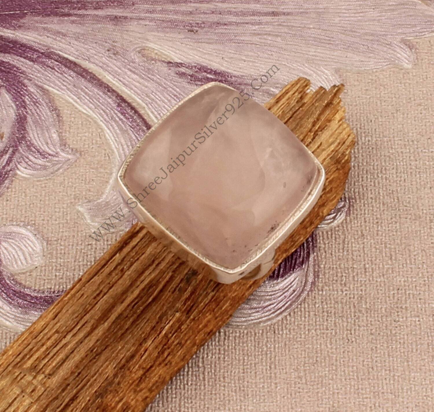 Natural Rose Quartz Top Quality Gemstone Ring Square Shape,Whit Cabochon Stone Ring 925-Antique Silver Ring, Middle Finger Long Ring