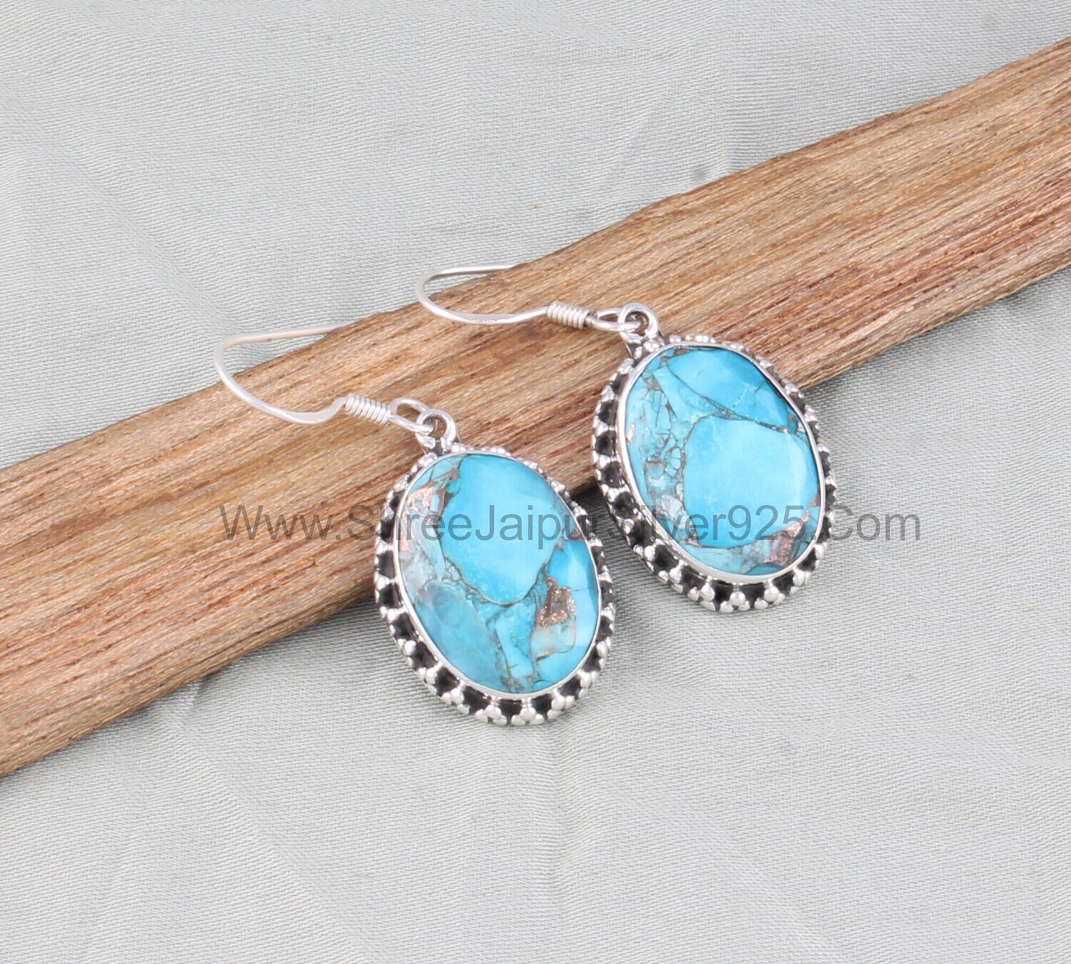 Blue Copper Turquoise Oval Shape Gemstone Solid 925 Sterling Silver Earrings For Women, Handmade Silver Earring For Wedding Anniversary Gift