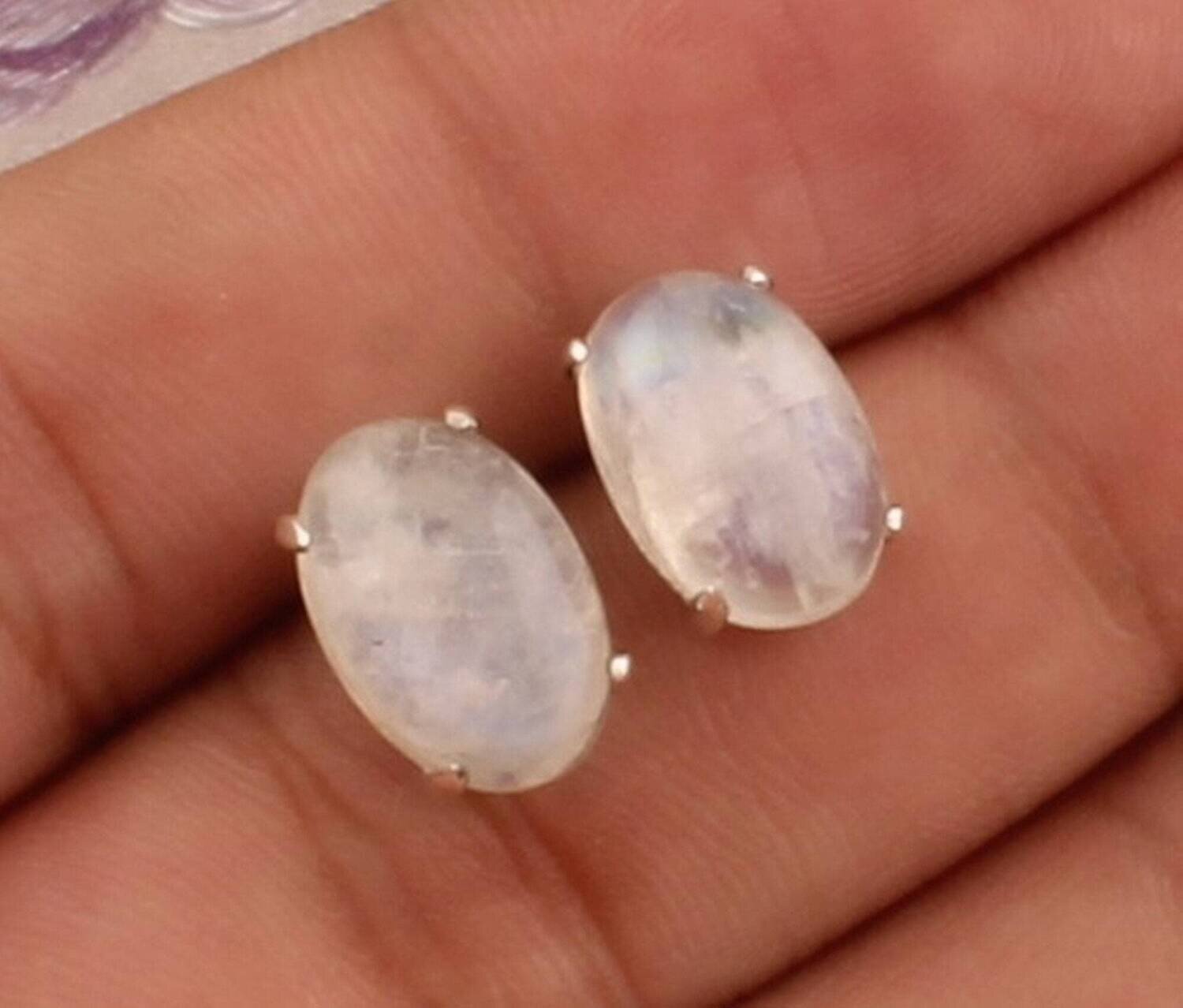 Natural Rainbow Moonstone Stud Silver Earrings, 925 Sterling Silver Gemstone Earrings, Designer Silver Earrings, Handcrafted Earrings, Gift