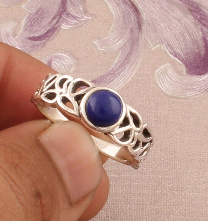 Natural Lapis Lazuli Silver Ring, 925 Sterling Silver Round Shape Gemstone Ring, Designer Filigree Silver Ring, Handcrafted Ring, Gift Idea