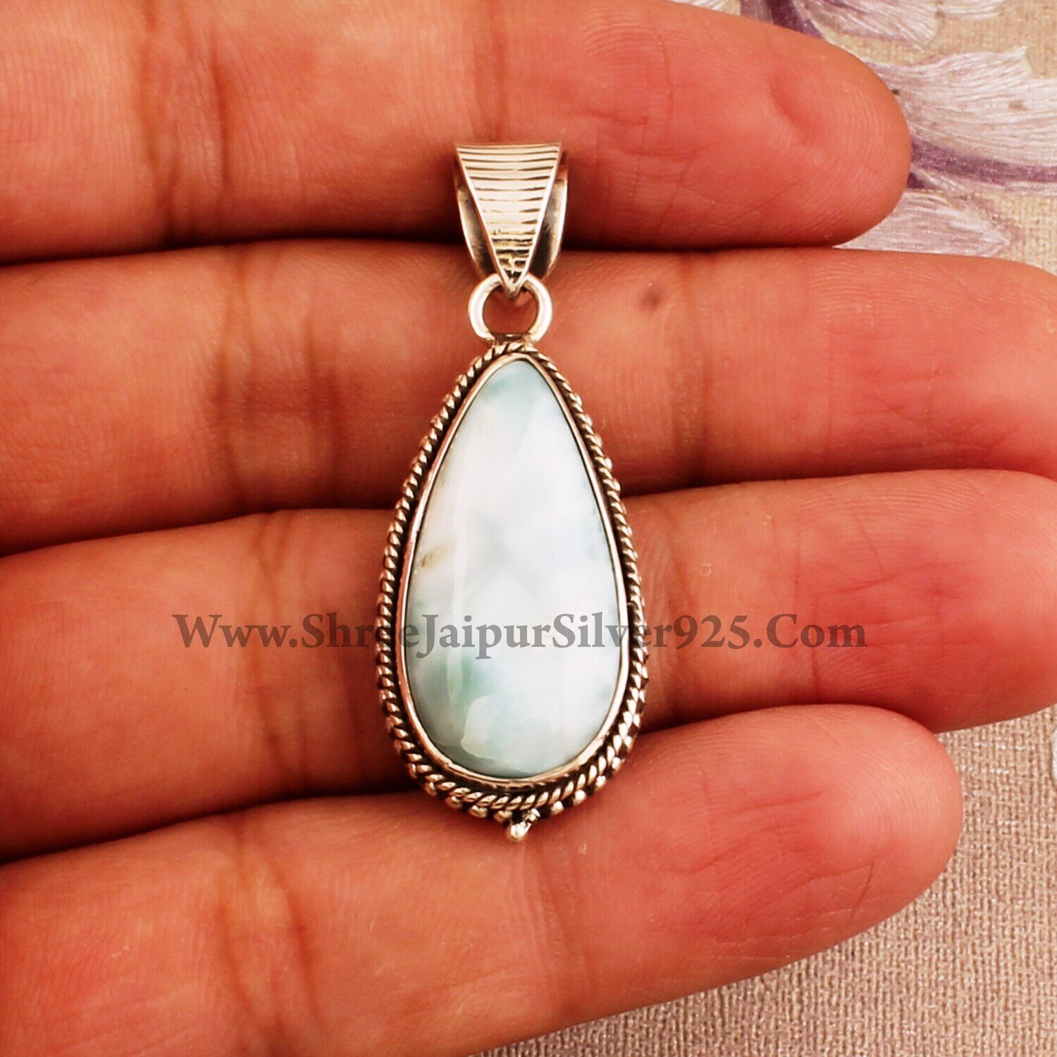 Natural Larimar 925 Sterling Silver Necklace Pendant For Women, Pear Wedding Anniversary Pendant, Solid Silver Larimar Pendant For Gift Idea