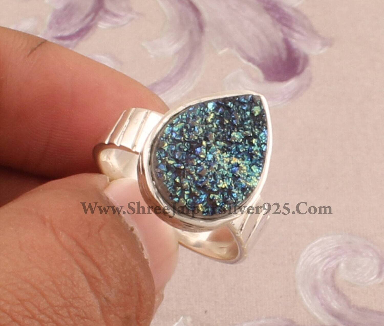 925 Sterling Silver Titanium Druzy Pear Shape Rings, Designer Handmade Silver Band Rings, Women Jewelry, Valentine's Day Gift Idea Jewelry