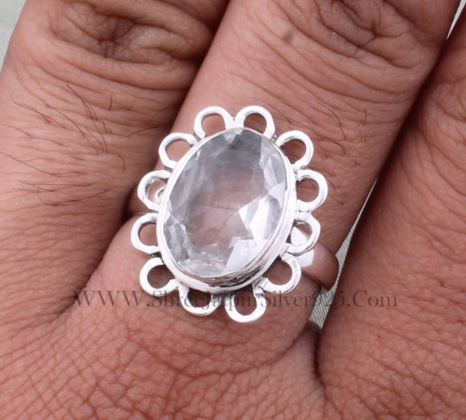 Natural Crystal Quartz Oval Gemstone Ring, 925 Sterling Silver Designer Flower Silver Ring, Handmade Crystal Ring, Engagement Ring For Women