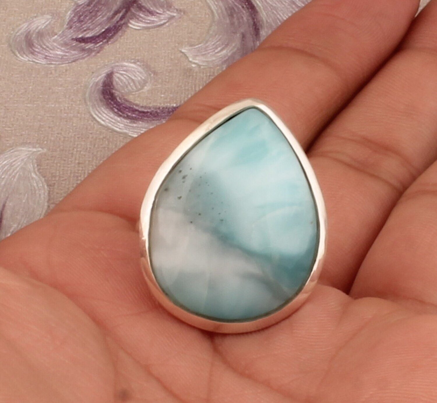 Natural Larimar Pear Gemstone Ring, 925 Sterling Silver Ring, Designer Handmade Silver Ring, Engagement Ring, Women Jewelry, Gift For Mom