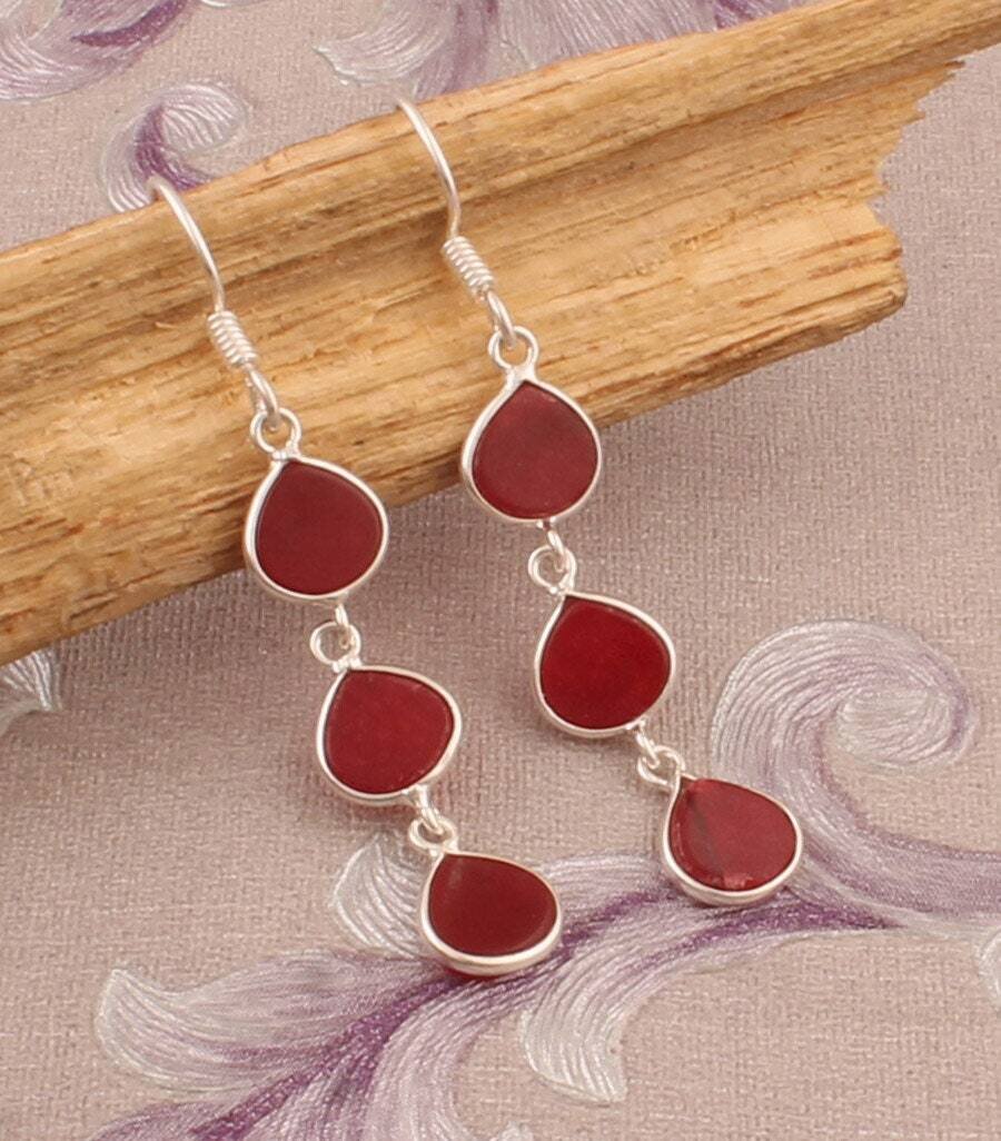 3 Stone Heart Shape Earrings, Designer Stone Silver Earrings, Handmade Jewelry 925 Sterling Silver Earrings, Christmas Gift Idea Birthstone