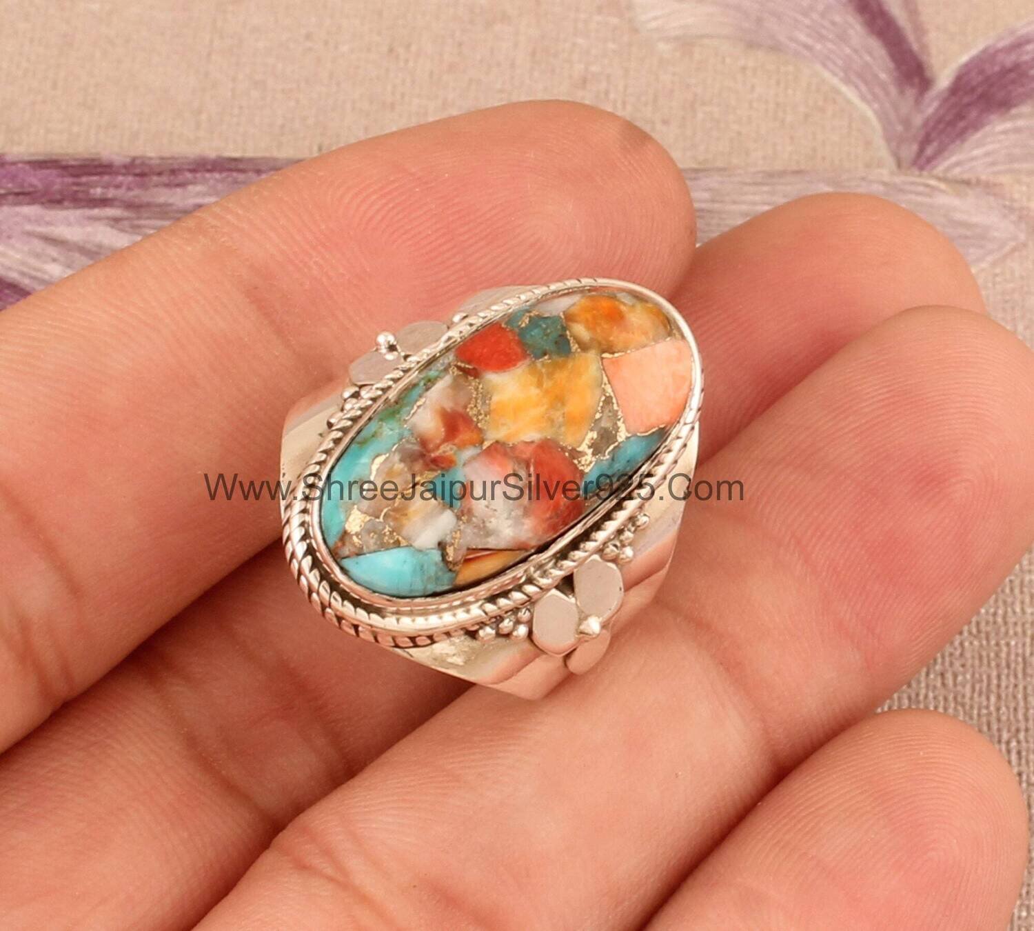 Oyster Copper Turquoise Solid 925 Sterling Silver Ring For Women, Handmade Bridesmaid Oval Stone Ring For Wedding Anniversary Gift For Her