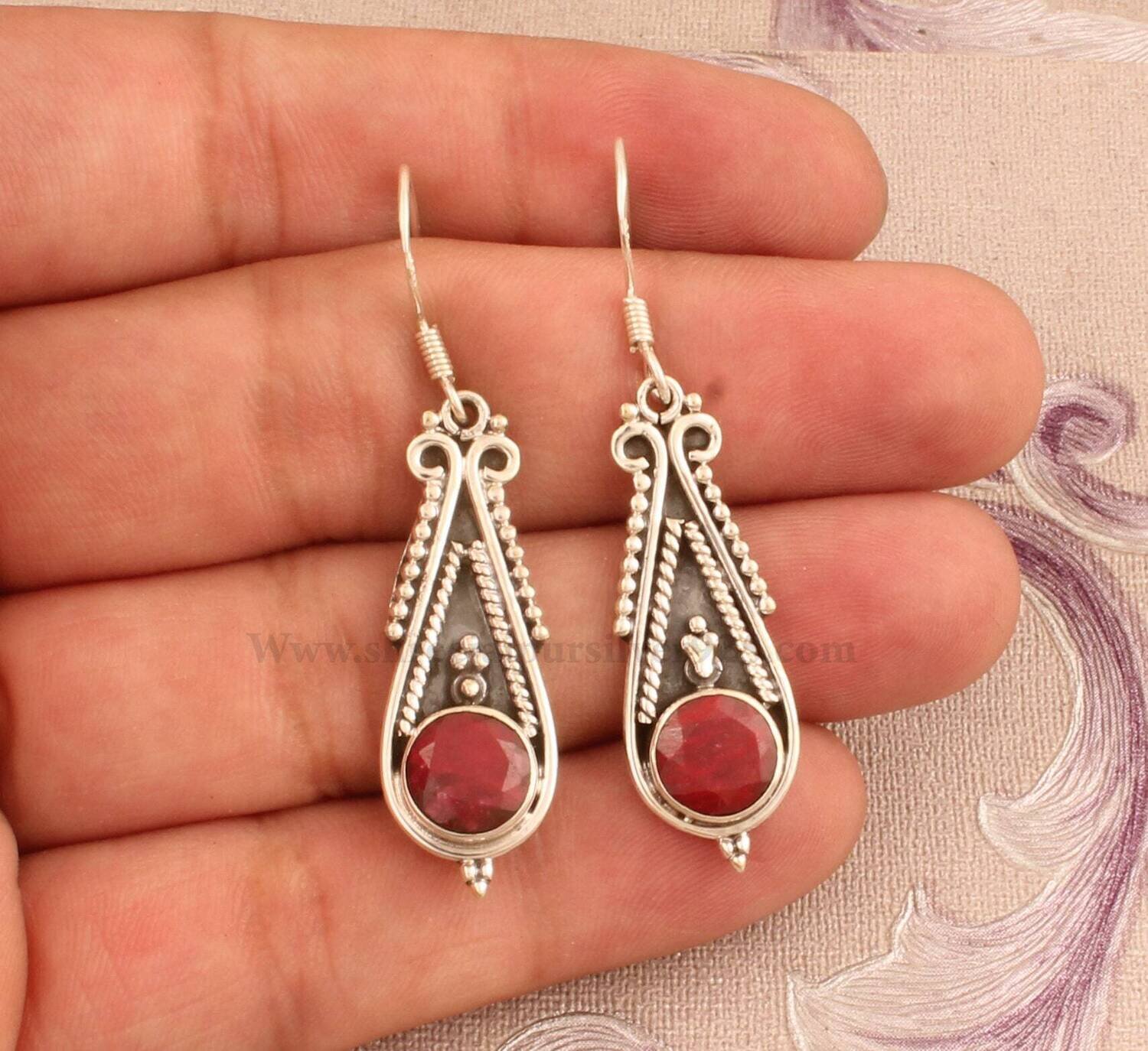 Bridesmaid Ruby Cut Stone Solid 925 Sterling Silver Earrings For Women, Handmade Bridal Indian Earrings For Wedding Anniversary Gift  Idea