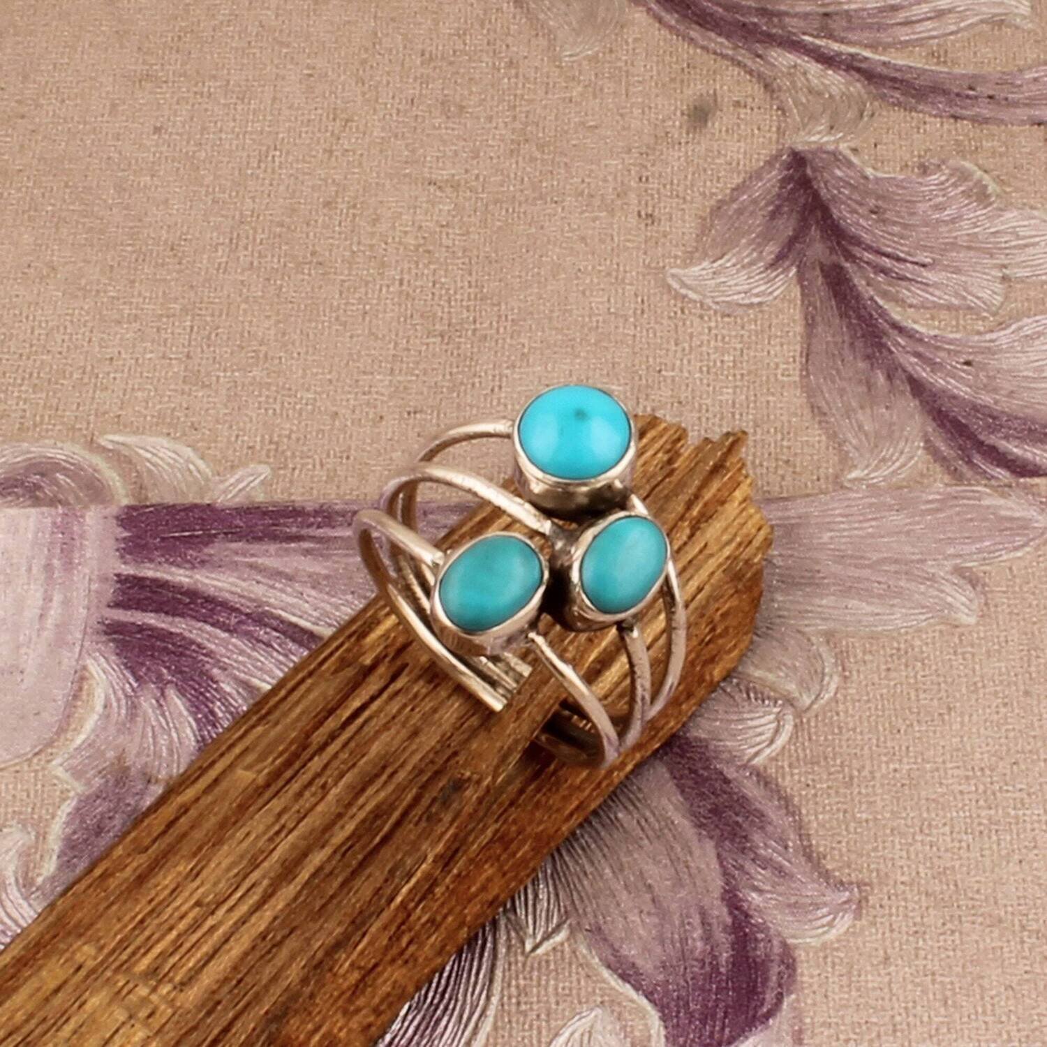 Christmas Gift !  Blue Turquoise Gemstone Ring Solid 925 Sterling Ring Cabochon &amp; Opaque Stone Combo Ring Middle Finger Ring BohoBirthstone