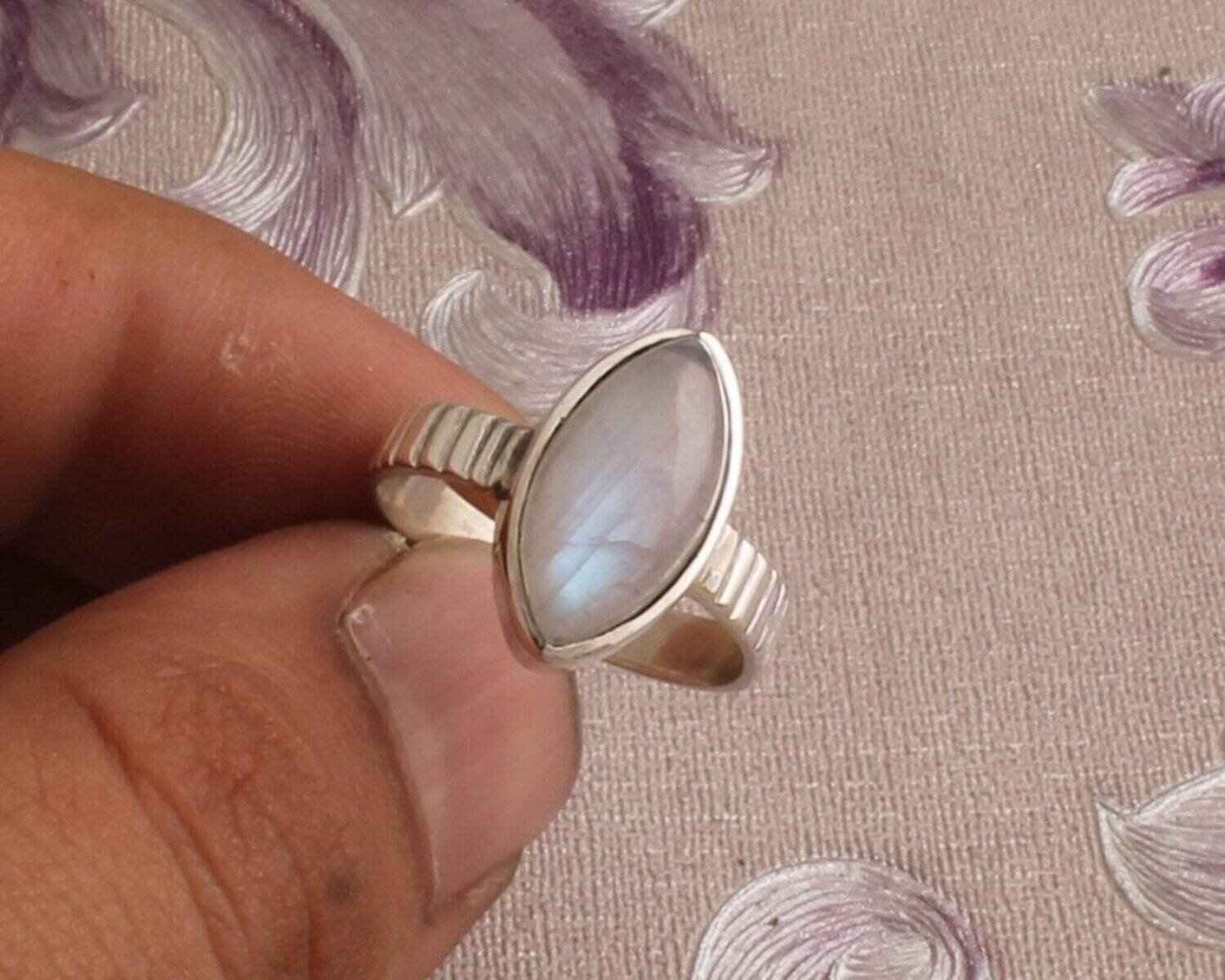 Rainbow Moonstone Silver Ring, 925 Sterling Silver Marquise Shape Gemstone Ring, Designer Ring, Handcrafted Ring, Engagement Ring, Gift Idea