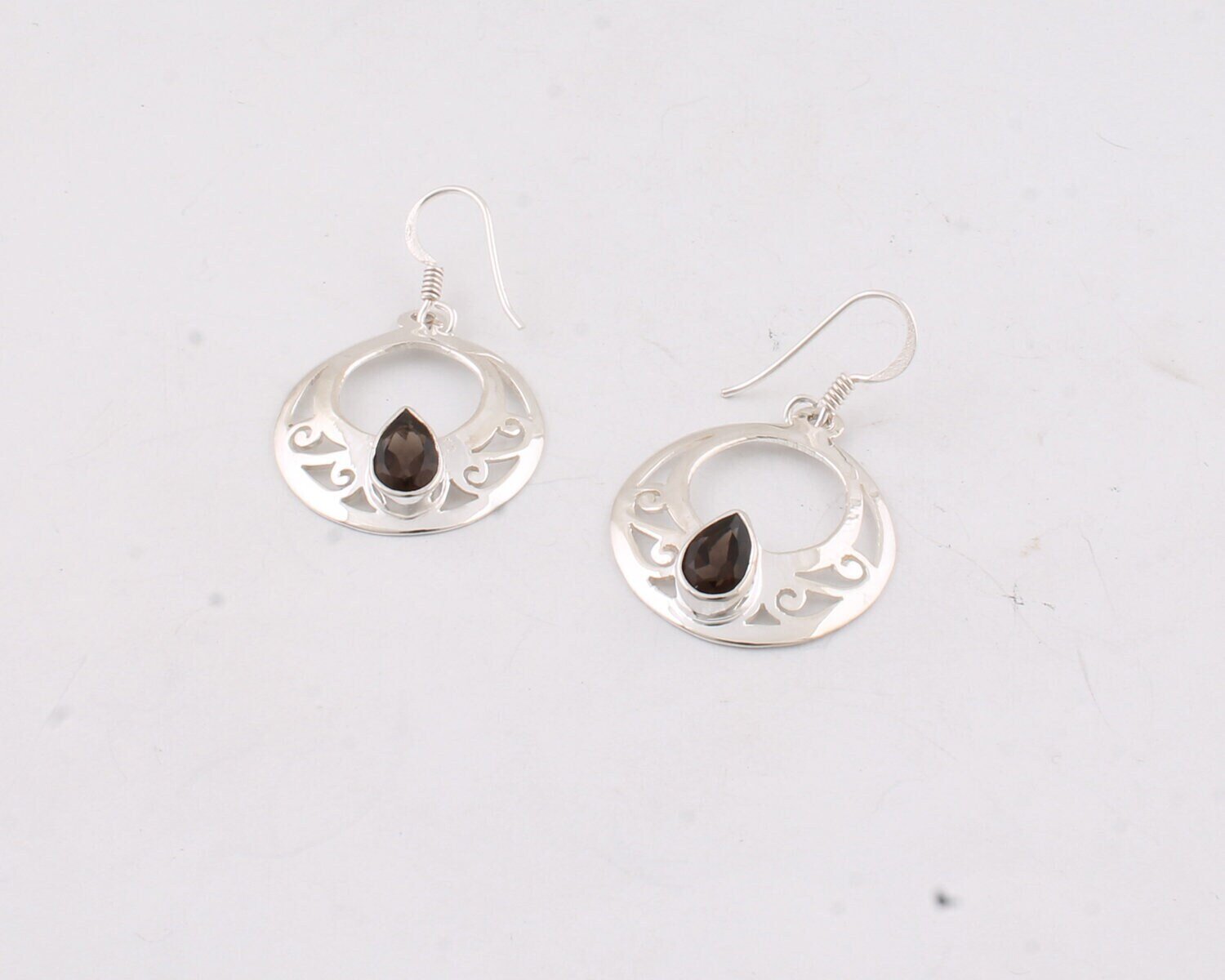 Handcraft Earring Smokey AAA+ Quality Gemstone 925-Silver Sterling Earring Round Shape Earring  Black Color Stone And Silver Color Earring