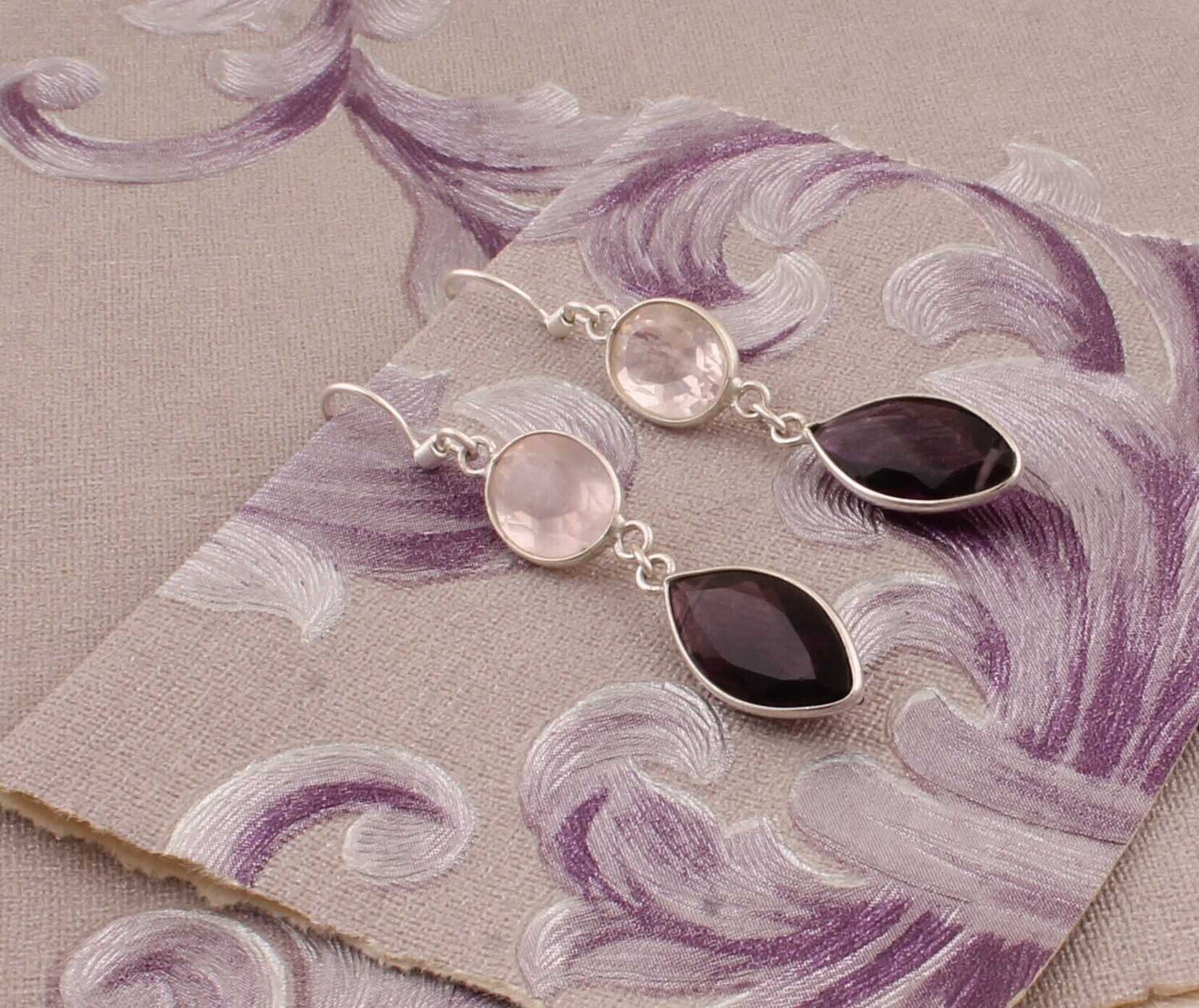Combo Gemstone Earring Rose Quartz+Amethyst Gemstone Earring 925-Sterling Silver Earring Big Size Earring Gift For Her EarringCyber2021
