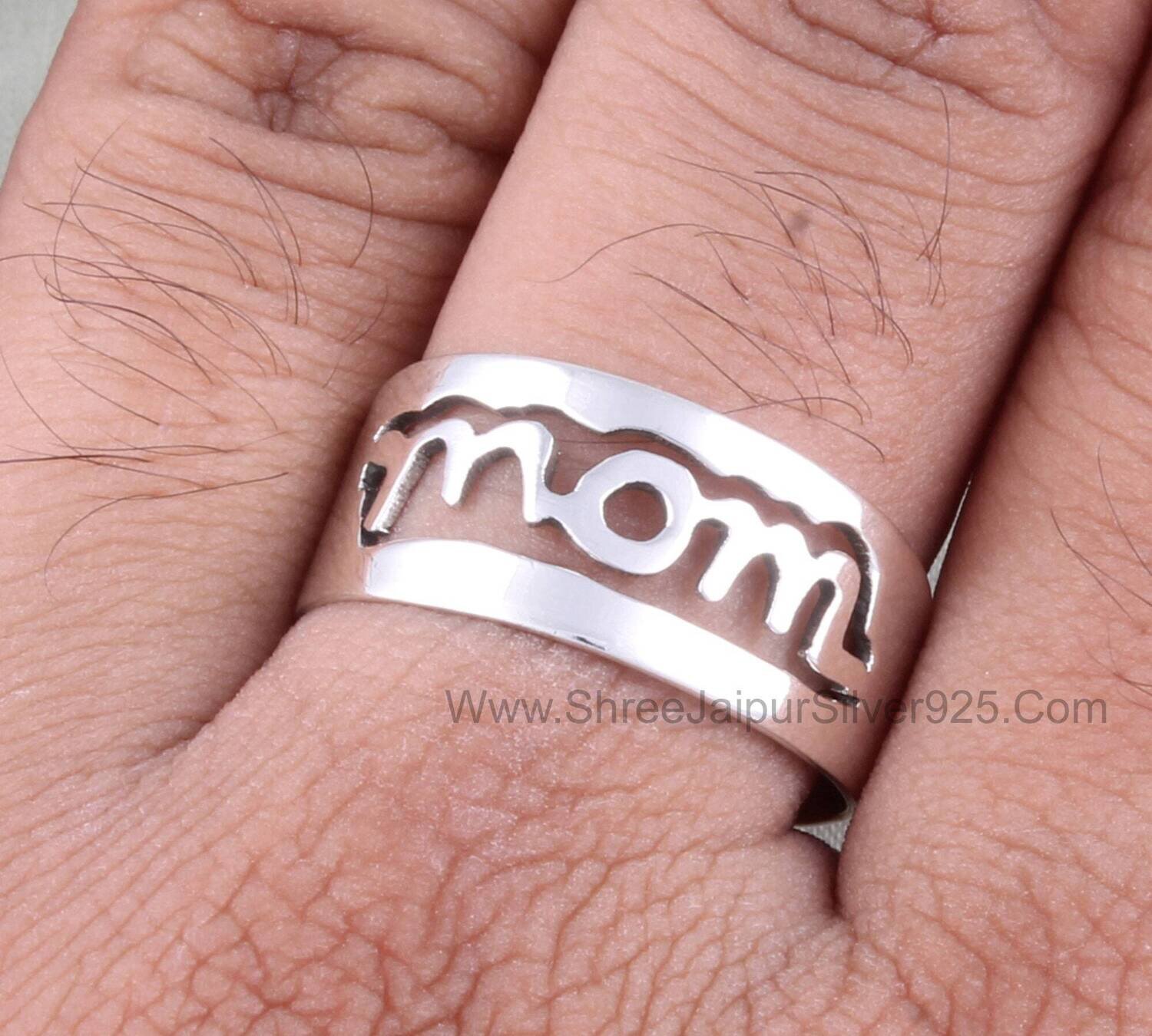 Hand Engraved Mom Solid 925 Sterling Silver Band Ring For Women, Handmade Boho Silver Band Ring For Wedding Anniversary Gift For Mother