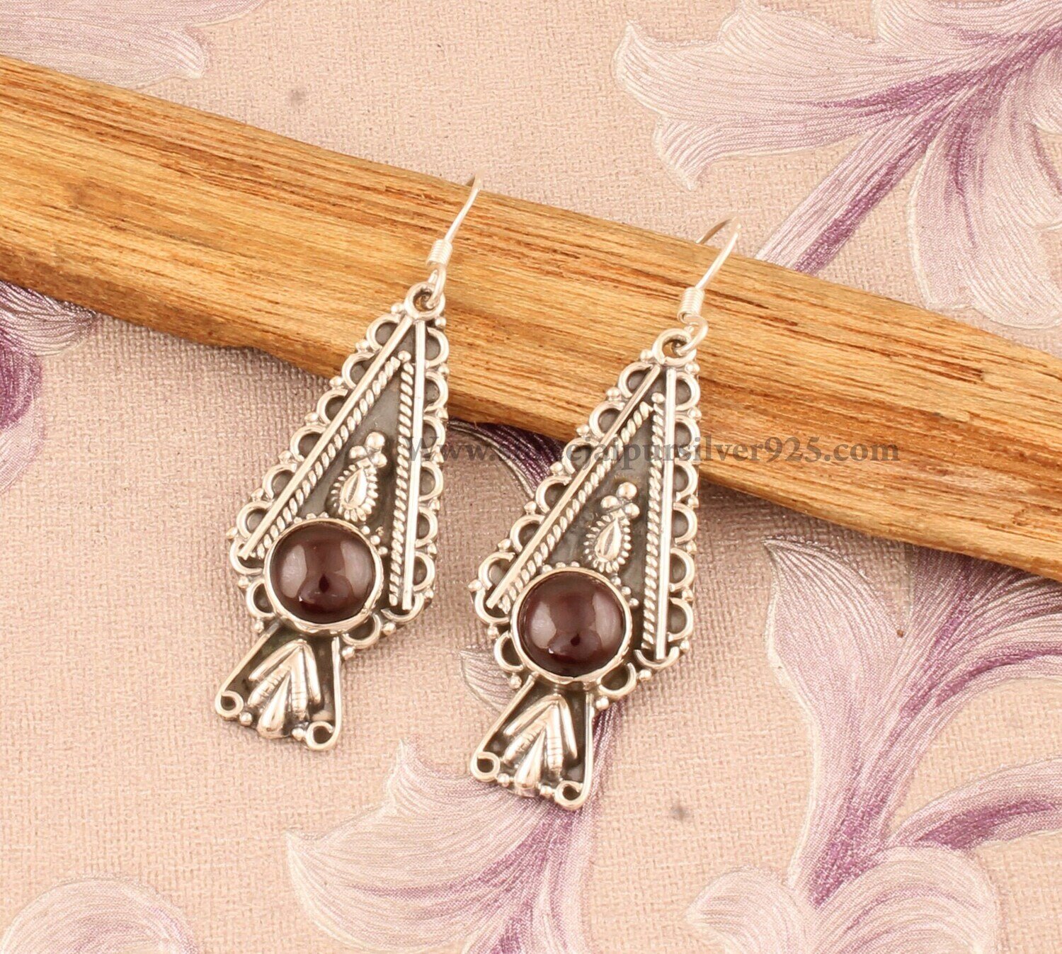 Natural Red Garnet Solid 925 Sterling Silver Earrings For Women, Handmade Round Stone Indian Design Earrings For Wedding Anniversary Gift