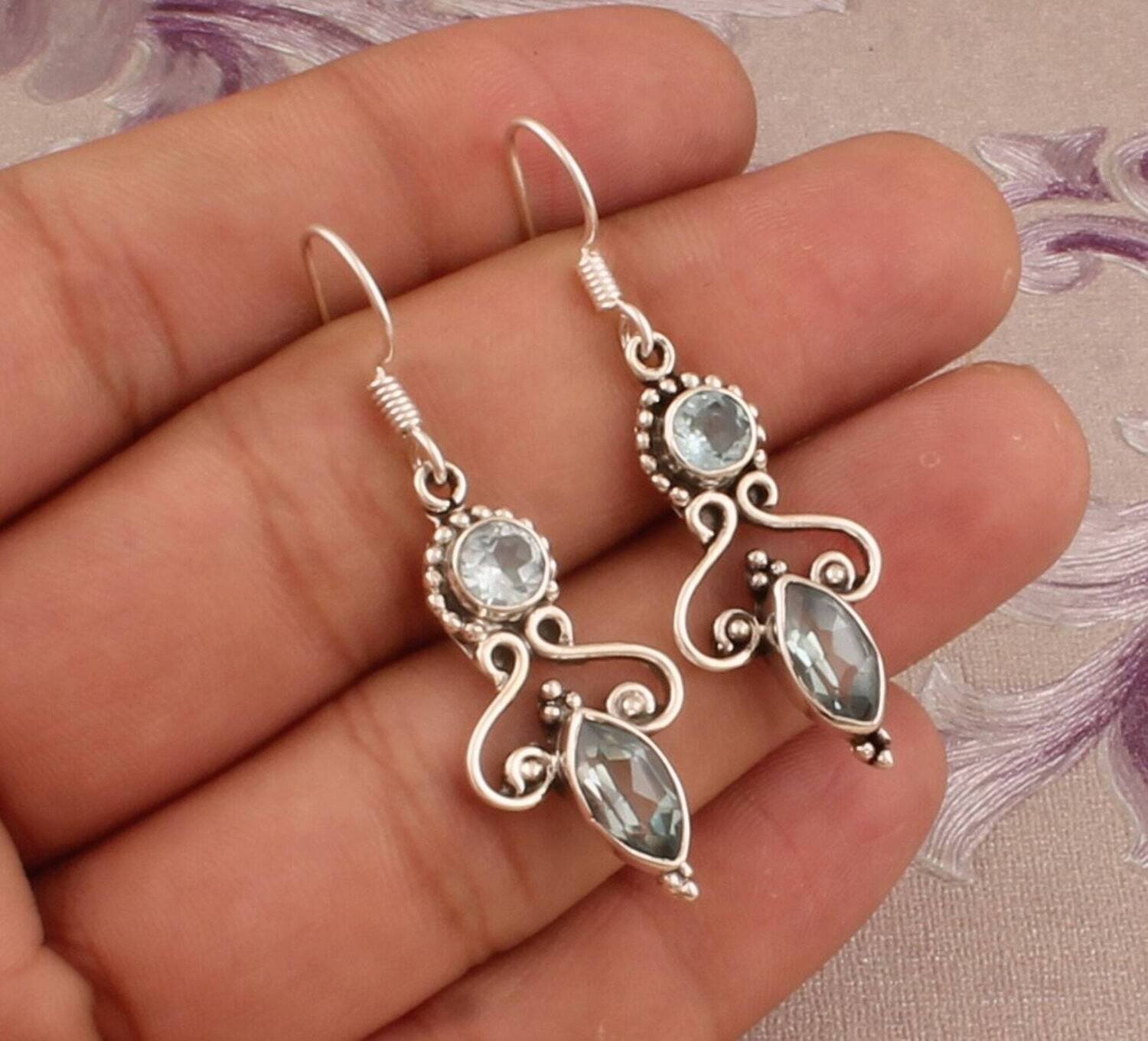 Blue Topaz Earrings, 925 Sterling Silver Gemstone Earrings, Designer Dotted Silver Earrings, November Birthstone Earrings, Handmade Earrings