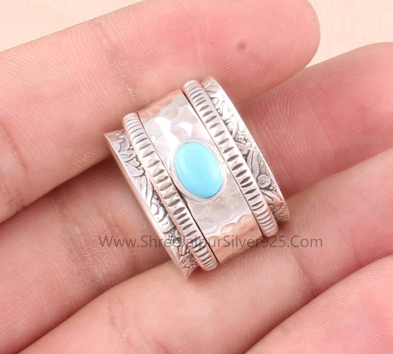 Turquoise Oval Stone Band Solid 925 Sterling Silver Spinner Ring For Women, Handmade Hammered Band Anxiety Fidget Ring Gifts For Anniversary