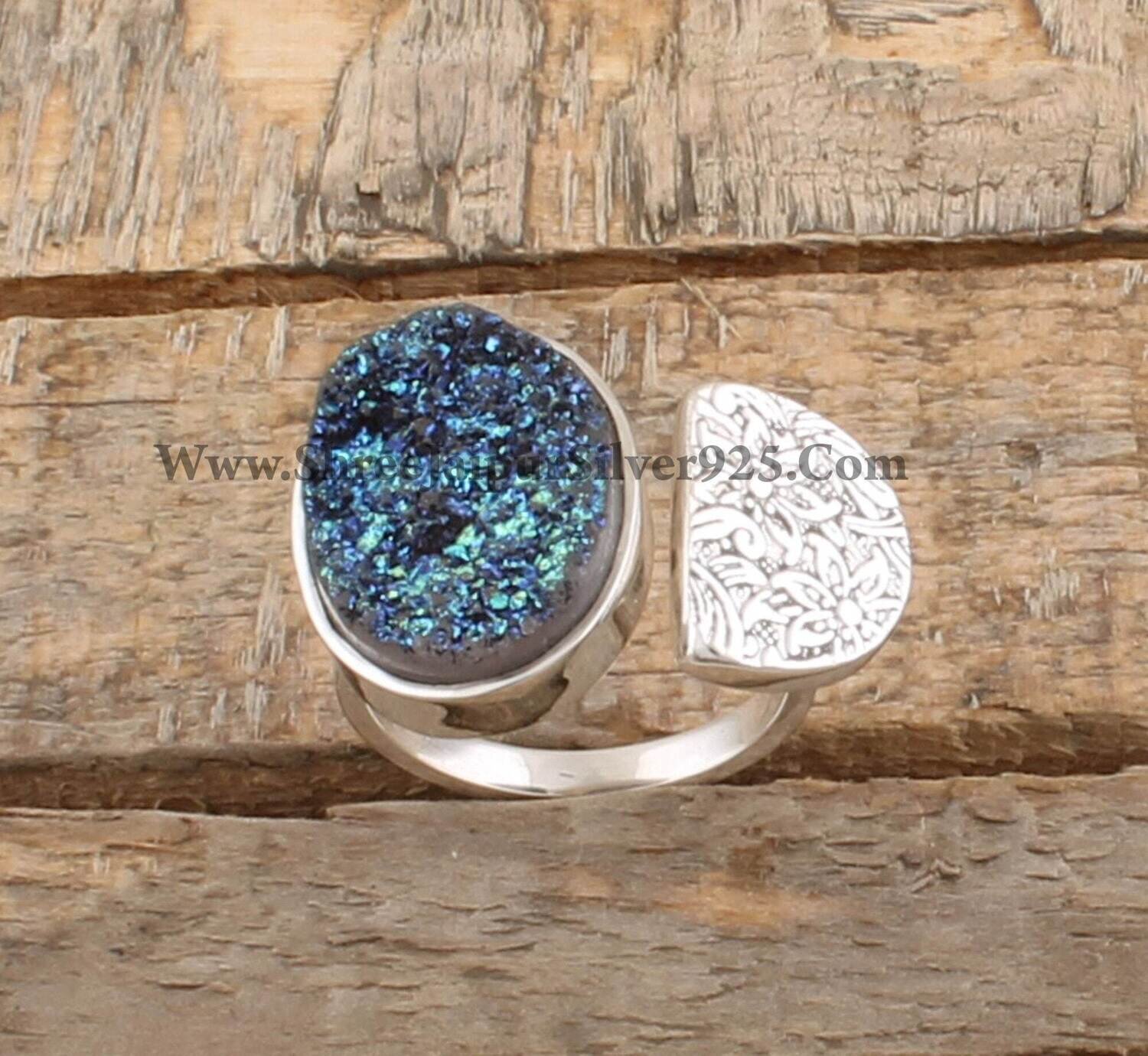 925 Sterling Silver Titanium Druzy Adjustable Rings, Designer Handmade Gemstone Silver Rings, Valentine's Day Jewelry Gift, Etsy Cyber 2021