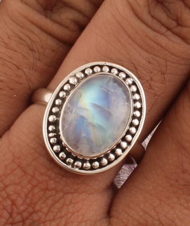 Rainbow Moonstone Ring-Blue Fire Moonstone Ring-Handmade Silver Ring-925 Sterling Silver-Gift for her-Promise Ring-Anniversary Ring