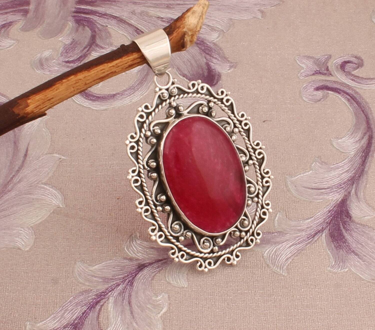Boho Pink Jade Pendant, 925 Sterling Silver Wedding Pendant, Designer Pink Stone Pendant, Handmade Big Stone Pendant, Bridal Wedding Jewelry