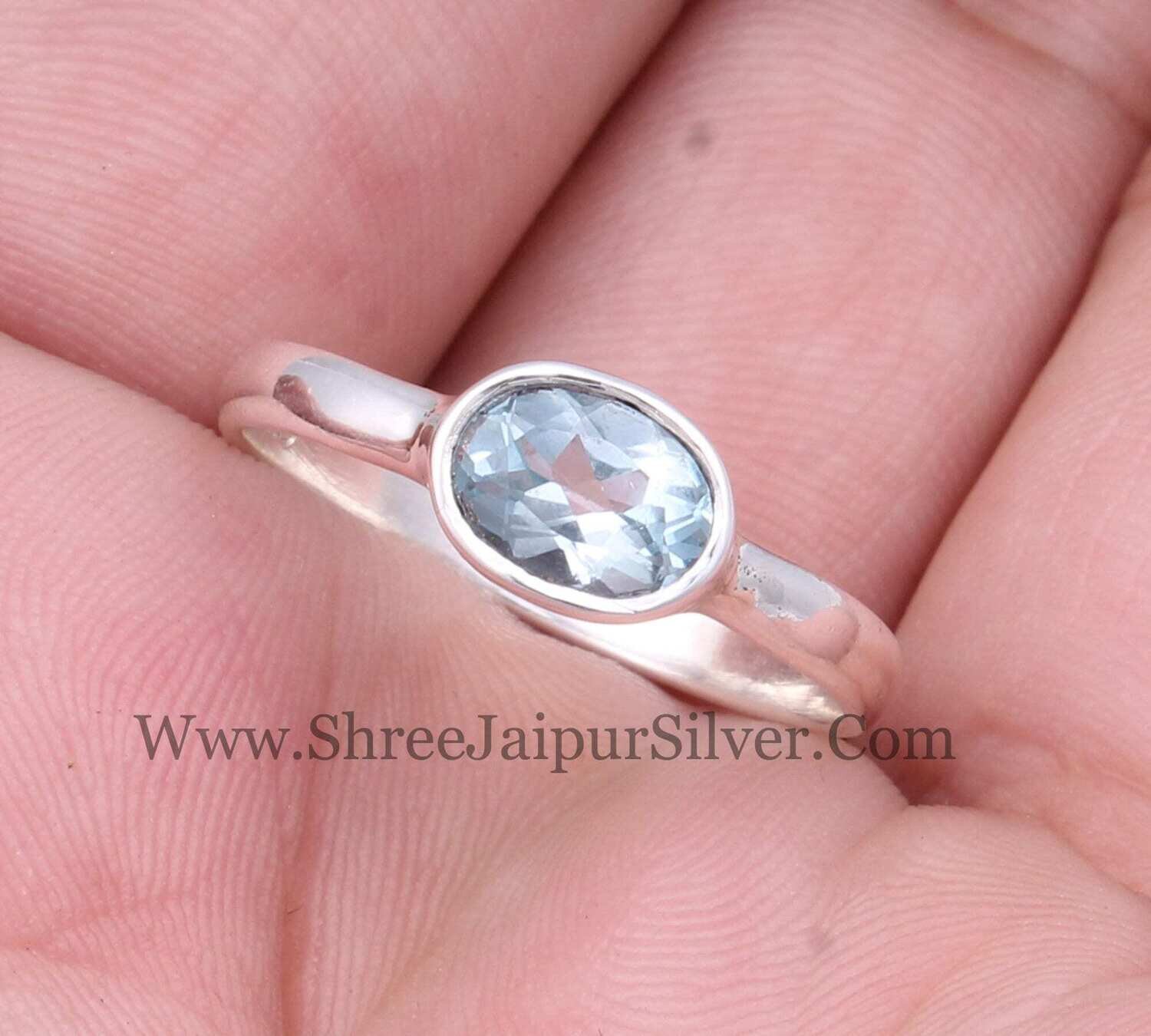 Natural Blue Topaz Oval Cut Stone Solid 925 Sterling Silver Ring For Women, Handmade Solid Silver Ring For Wedding Anniversary Gifts Idea