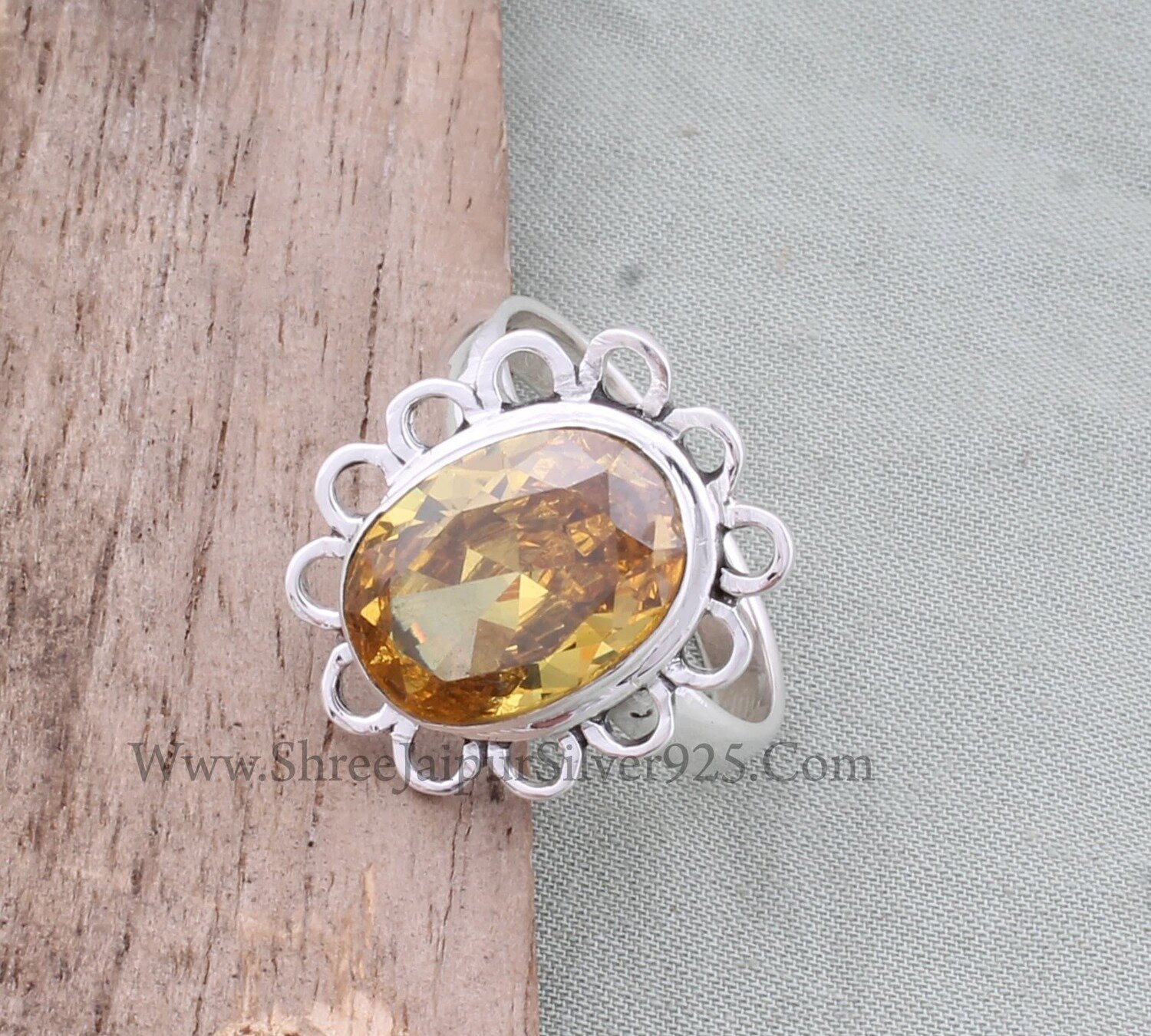 Citrine Yellow Cubic Zirconia Solid 925 Sterling Silver Ring For Women, Handmade Oval Cut Gemstone Silver Flower Ring Gifts For Anniversary