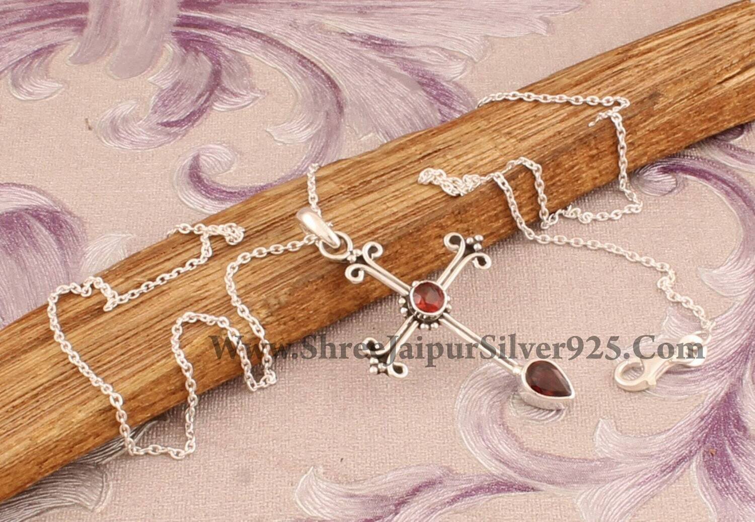 Silver Cross Red Garnet Pendant Necklace, 925 Sterling Silver Carved Pendant Necklace, Handmade Two Stone Pendant, Valentine's Day Jewelry