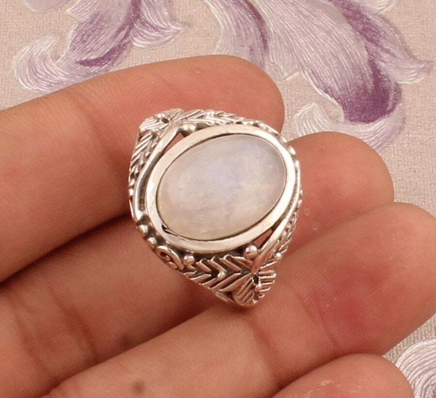 925 Sterling Silver Natural Rainbow Moonstone Ring, Designer Engraved Leaves  Ring, Handmade Gemstone Ring, Engagement Ring, Gift  For Her