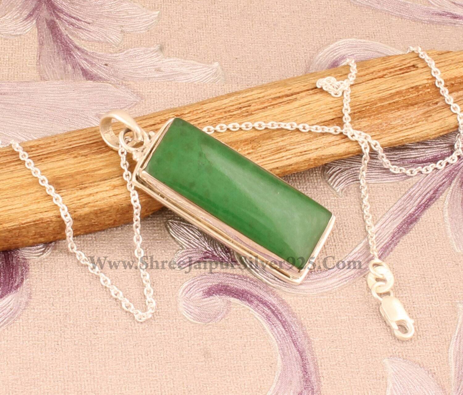 Green Jade Solid 925 Sterling Silver Necklace Pendant For Women, Rectangle Bar Stone Wedding Pendant Solid Silver Designer Pendant For Gift