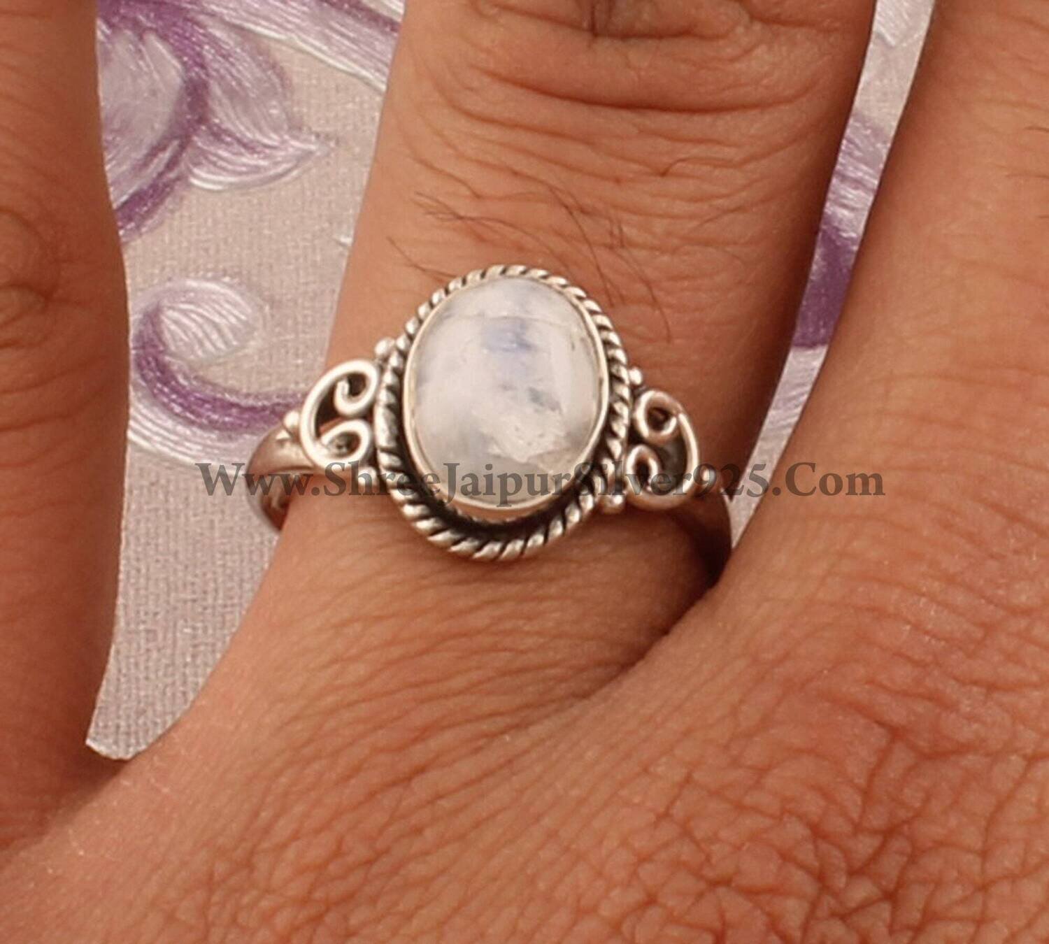 Natural Rainbow Moonstone Ring 925 Sterling Silver Rings For Women White Oval Cabochon Handmade Gemstone Engagement Dainty Vintage Mom Gifts