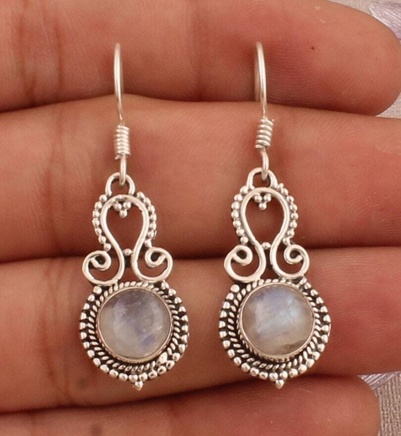Rainbow Moonstone Round Gemstone Solid 925 Sterling Silver Earrings For Women, Handmade Bridesmaid Earrings Gift For Her, Wedding Earrings