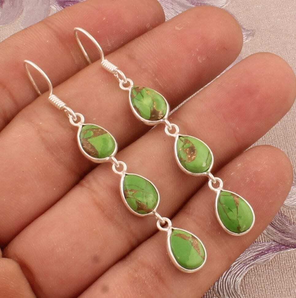 Real Composite Turquoise AAA+Quality Gemstone Earring Cabochon Stone Boho Earring 925-Antique Silver Earring,Wedding Earring Gift For Her