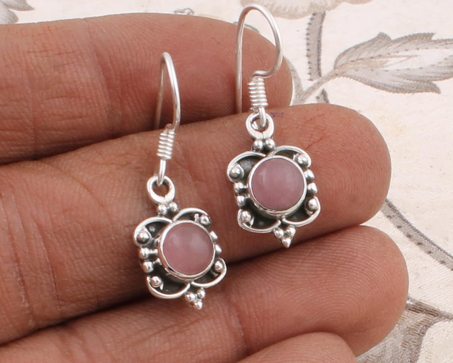 Solid Sterling Silver Pink jade Earrings - Tiny Earrings - October Birthstone Earrings - Opal Jewelry - Pink Stone Earrings 6x6 mm Round Gem